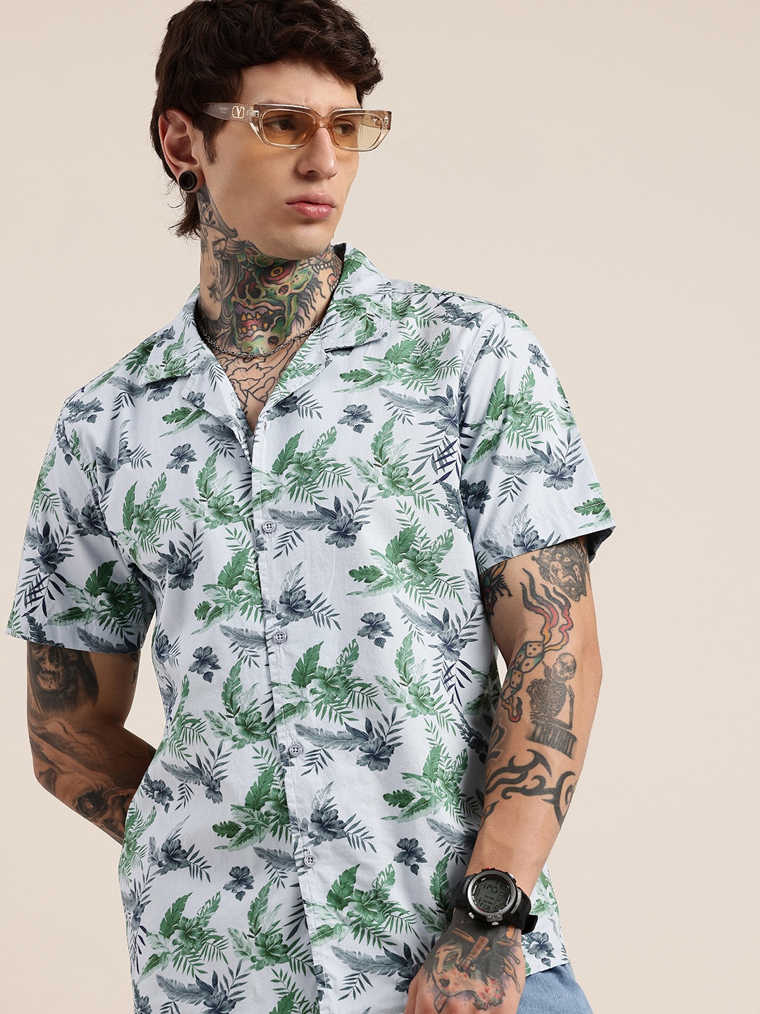 

HERE&NOW Pure Cotton Floral Printed Opaque Casual Shirt, Blue
