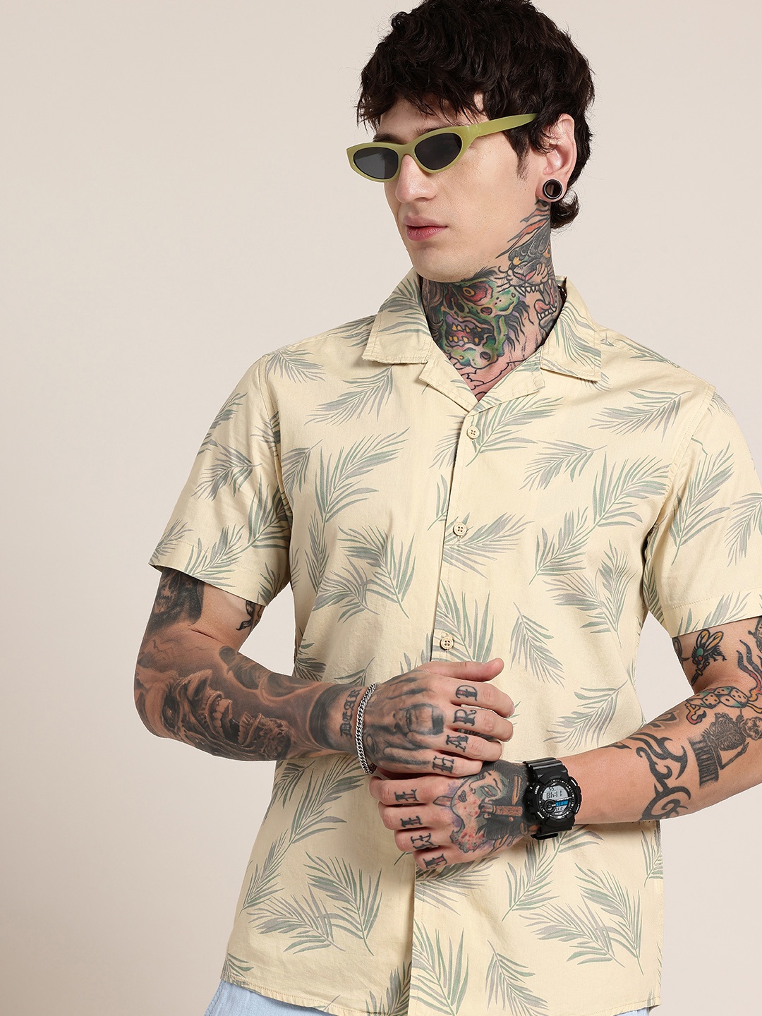

HERE&NOW Opaque Graphic Printed Pure Cotton Casual Shirt, Beige