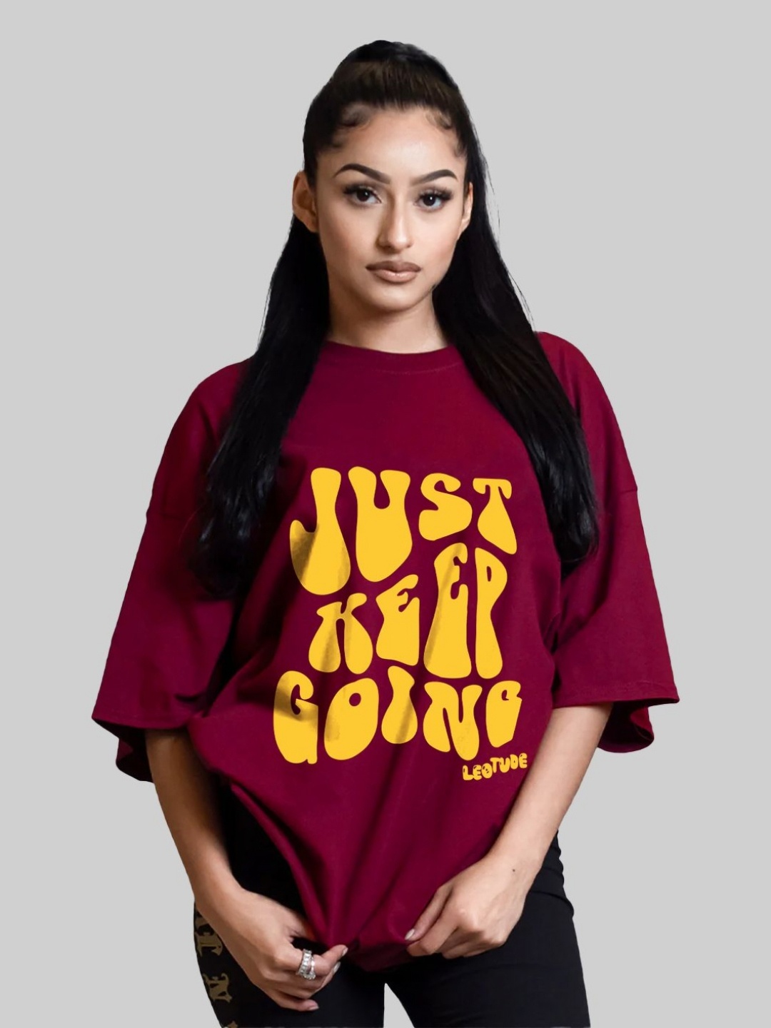 

Leotude Women Typography Printed Round Neck Cotton Oversized T-shirt, Maroon