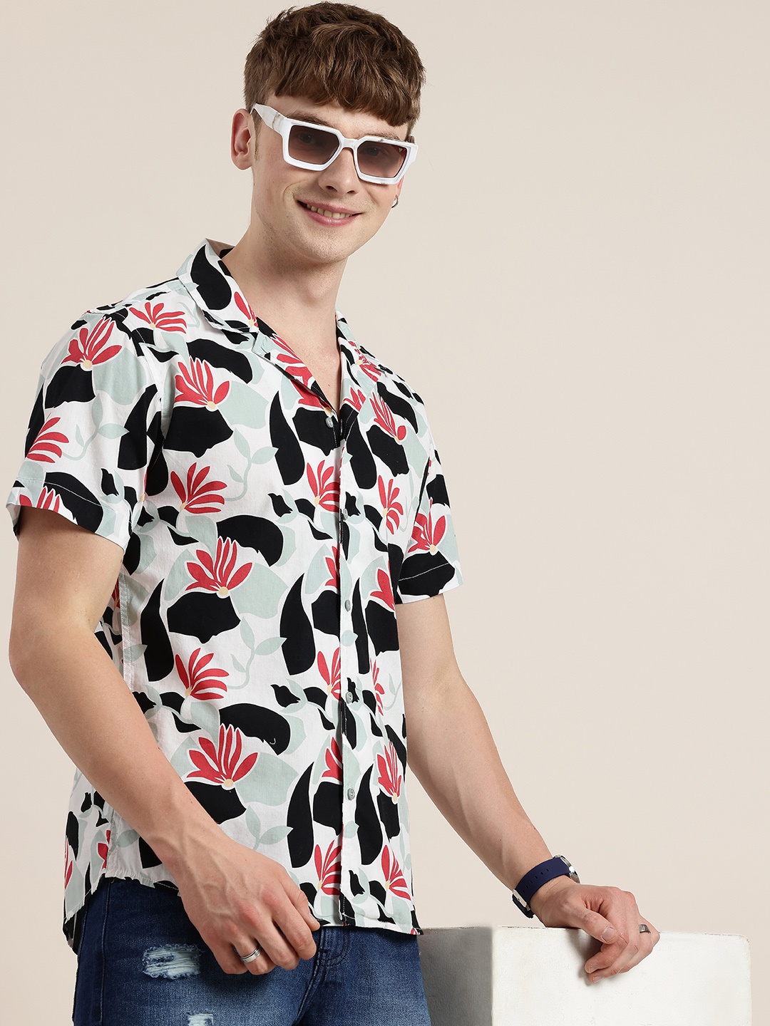 

HERE&NOW Pure Cotton Floral Printed Casual Shirt, White