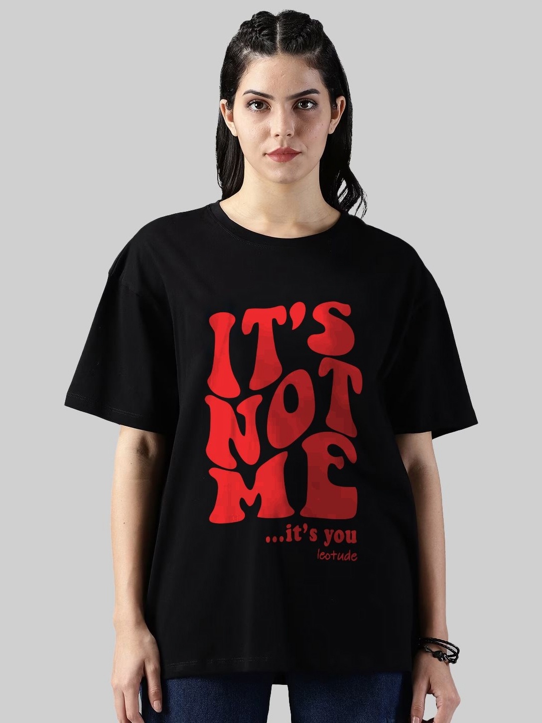 

Leotude Women Graphic Printed Round Neck Cotton Oversized T-shirt, Black