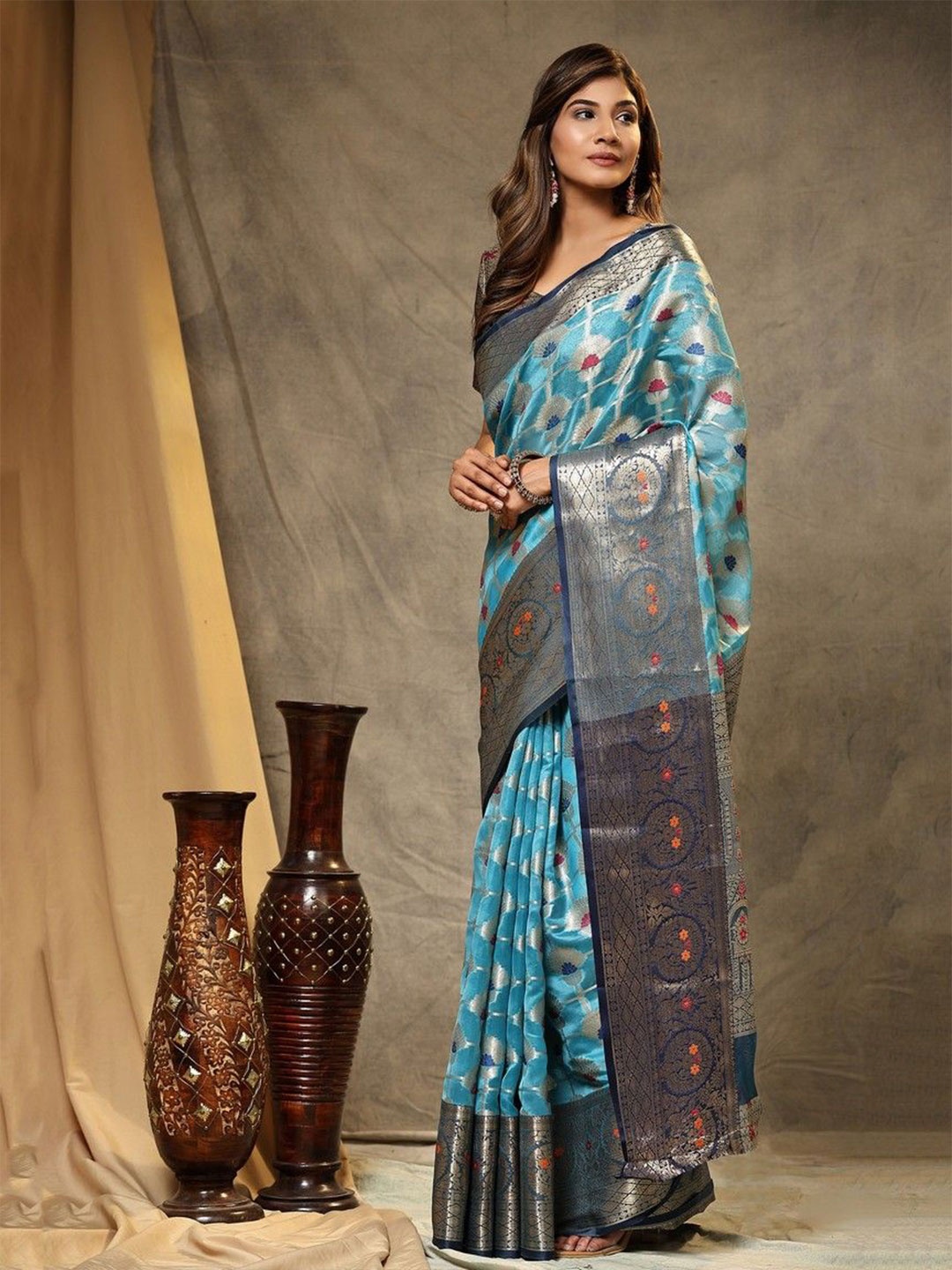

VARNI FABRICS Woven Design Zari Pure Silk Banarasi Saree, Blue