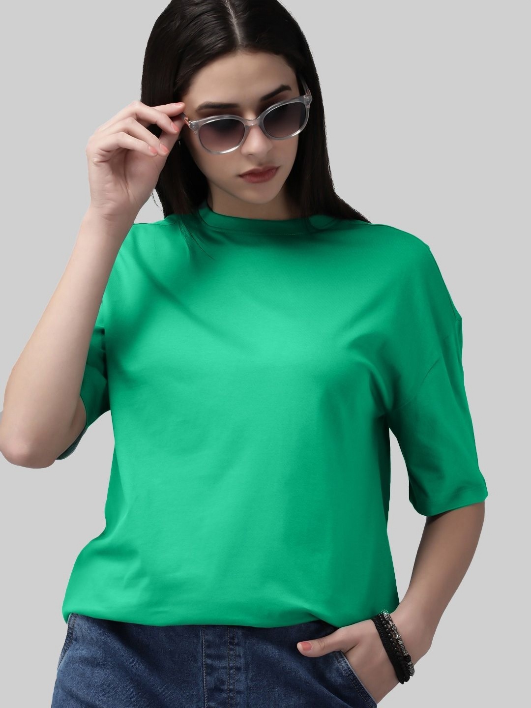 

Leotude Women Solid Round Neck Cotton Oversized T-shirt, Sea green