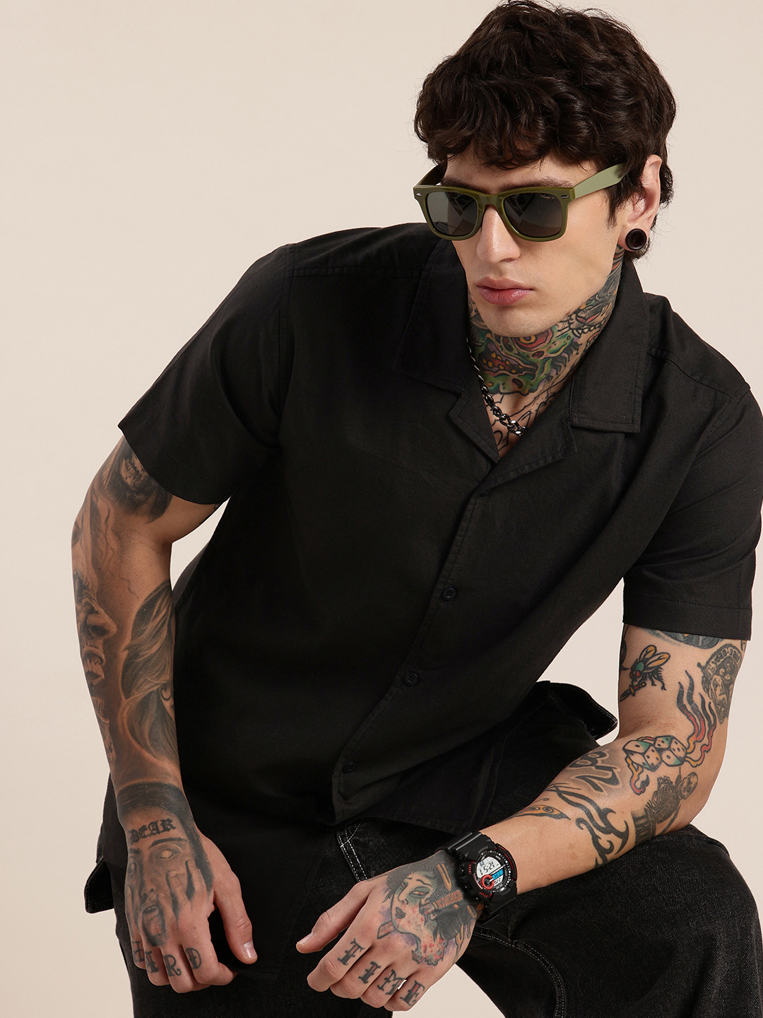 

HERE&NOW Pure Cotton Opaque Casual Shirt, Black
