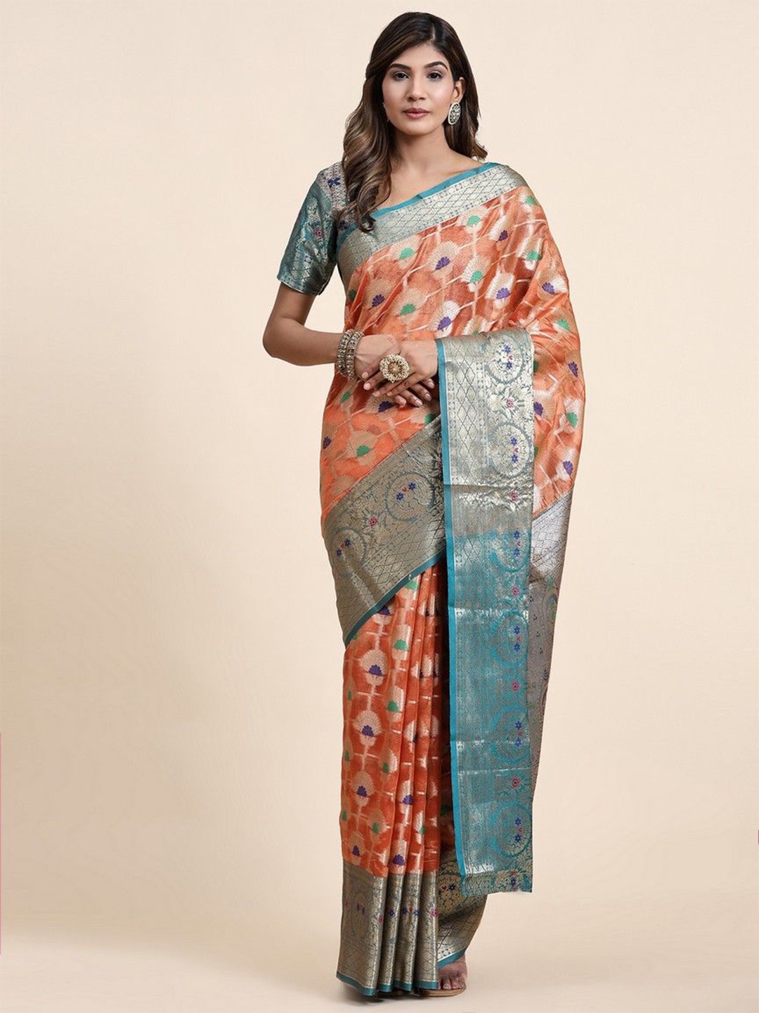 

VARNI FABRICS Floral Zari Pure Silk Saree, Orange