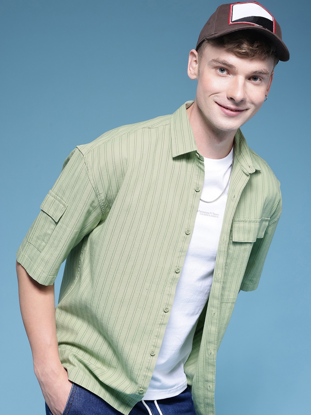 

HERE&NOW Pure Cotton Striped Drop-Shoulder Sleeves Relaxed Fit Casual Shirt, Green