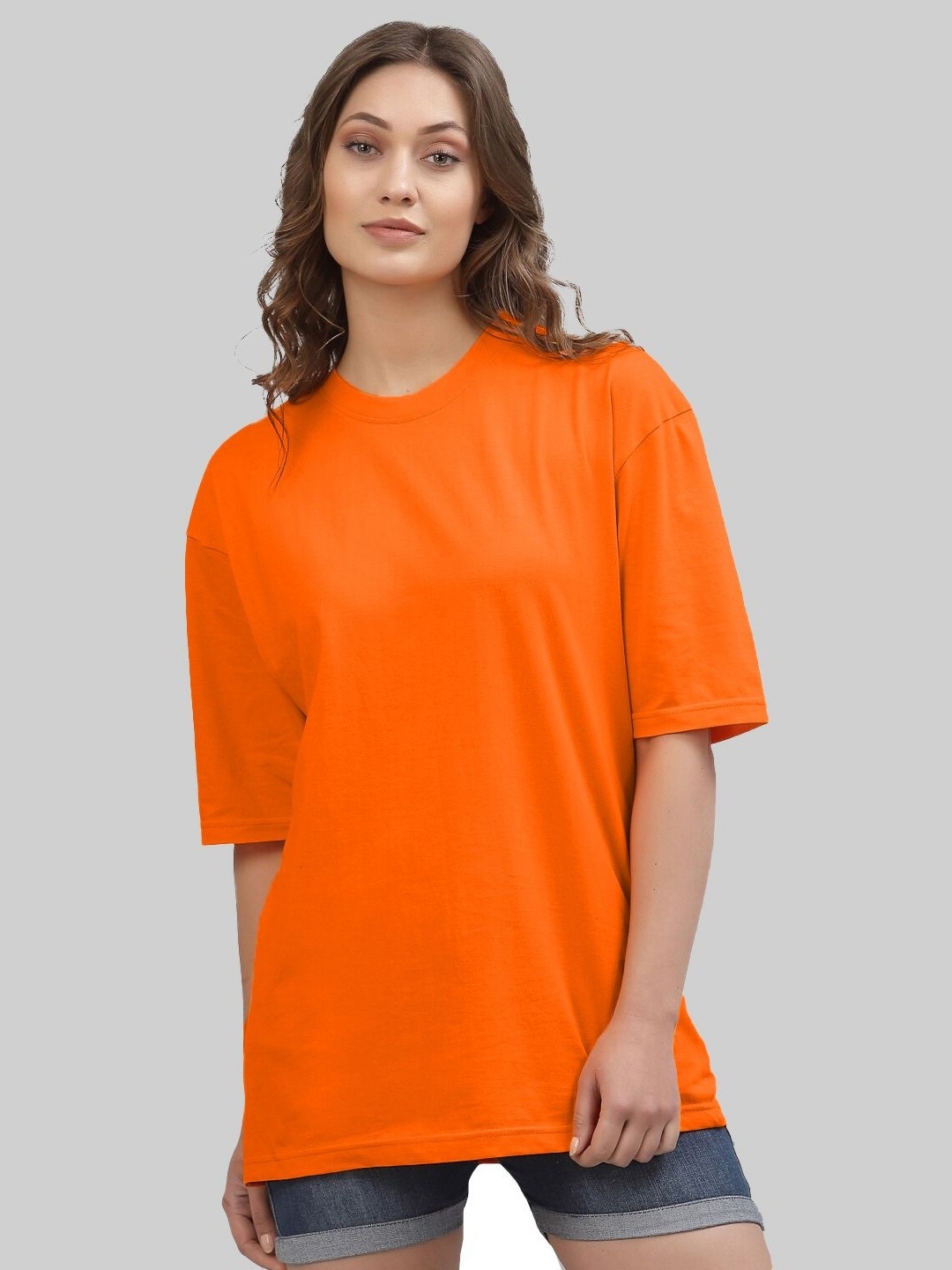 

Leotude Women Solid Round Neck Cotton Oversized T-shirt, Orange
