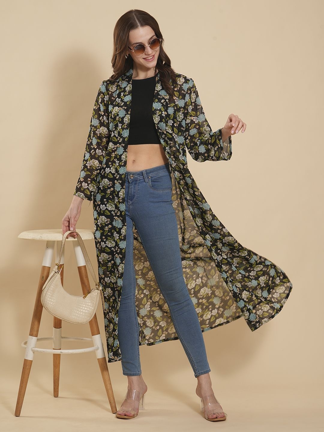 

Fashfun Floral Printed Open Front Longline Shrug, Black