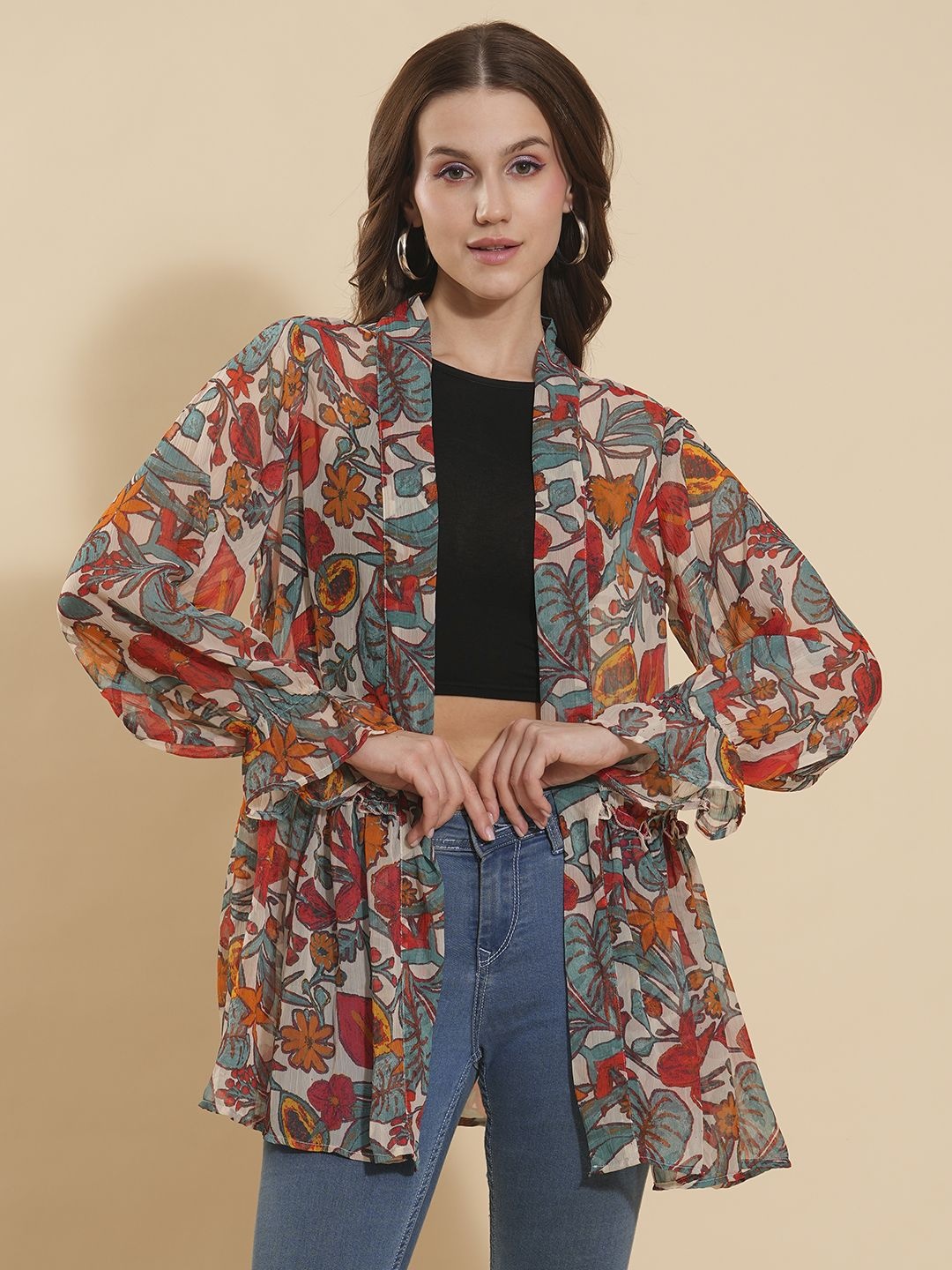 

Fashfun Floral Printed Open Front Shrug, Red