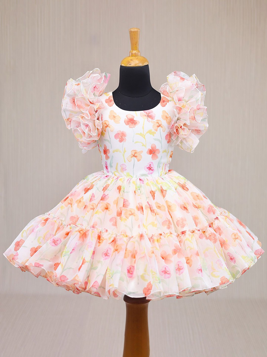 Li & Li Boutique Girls Floral Printed Flutter Sleeves Fit and Flare Dress, White