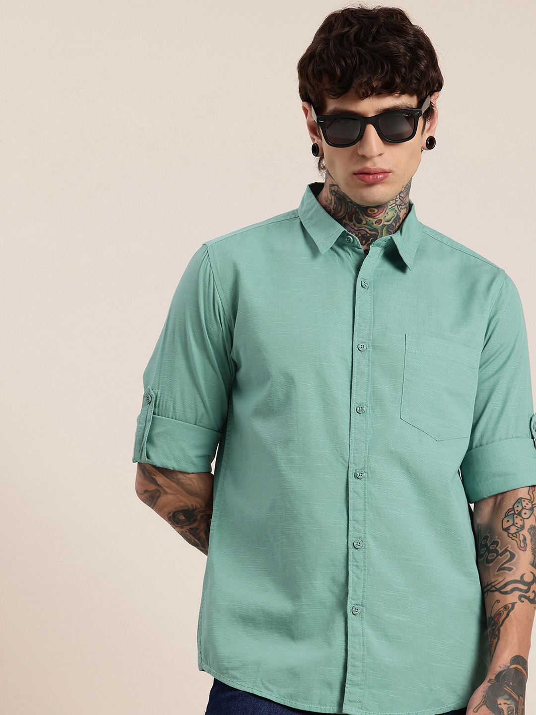 

HERE&NOW Pure Cotton Roll-Up Sleeves Opaque Casual Shirt, Green