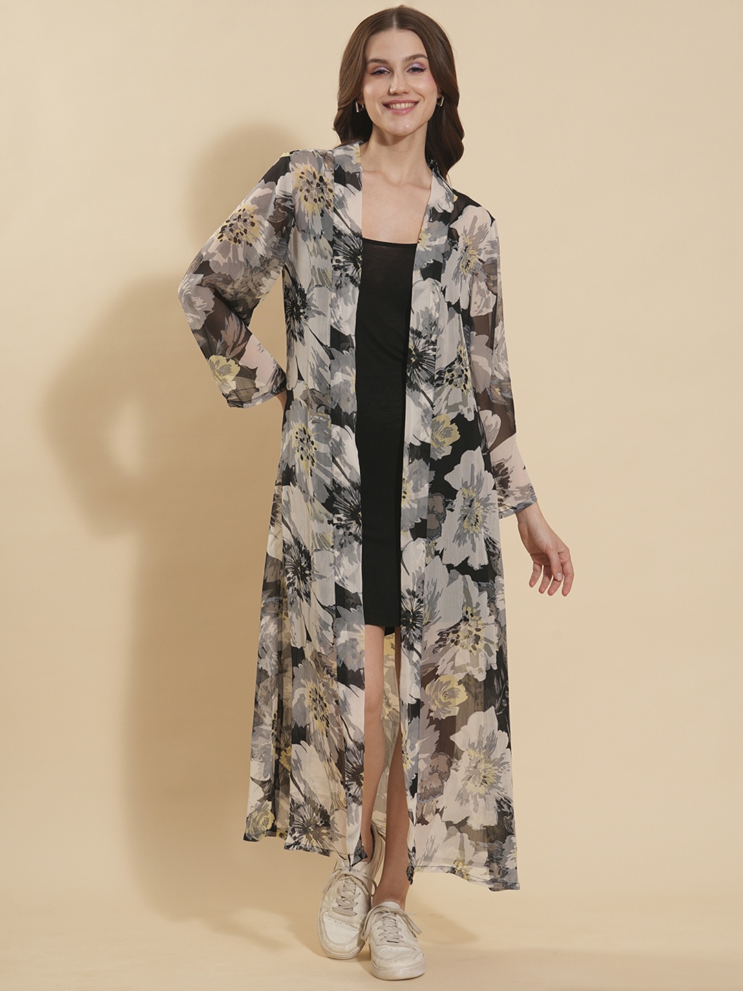 

Fashfun Floral Printed Longline Open Front Shrug, Black