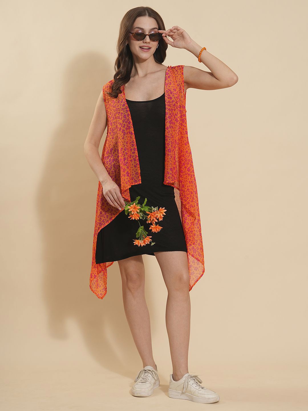 

Fashfun Abstract Printed Open Front Shrug, Orange