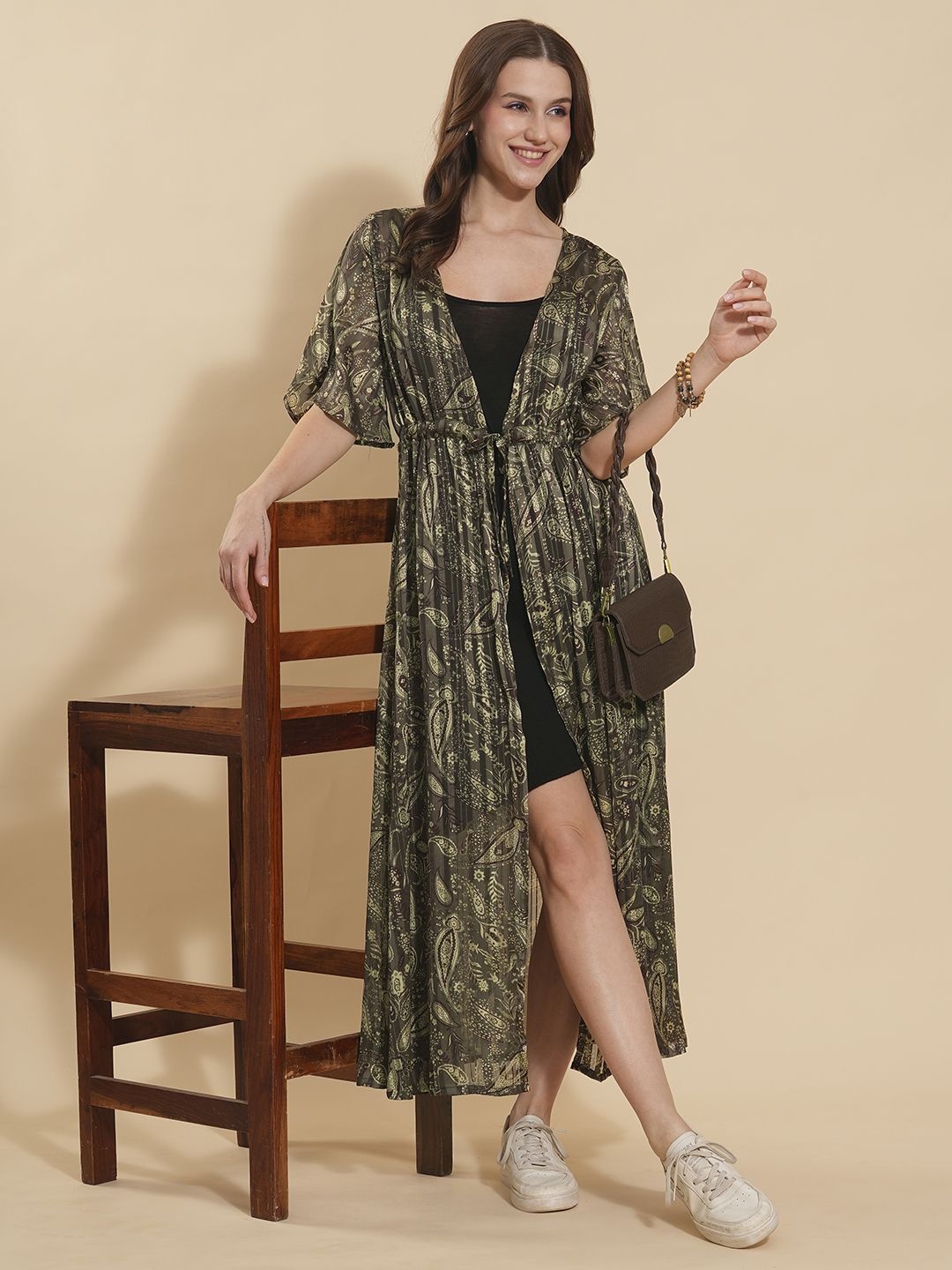 

Fashfun Floral Printed Longline Tie-Up Shrug, Olive