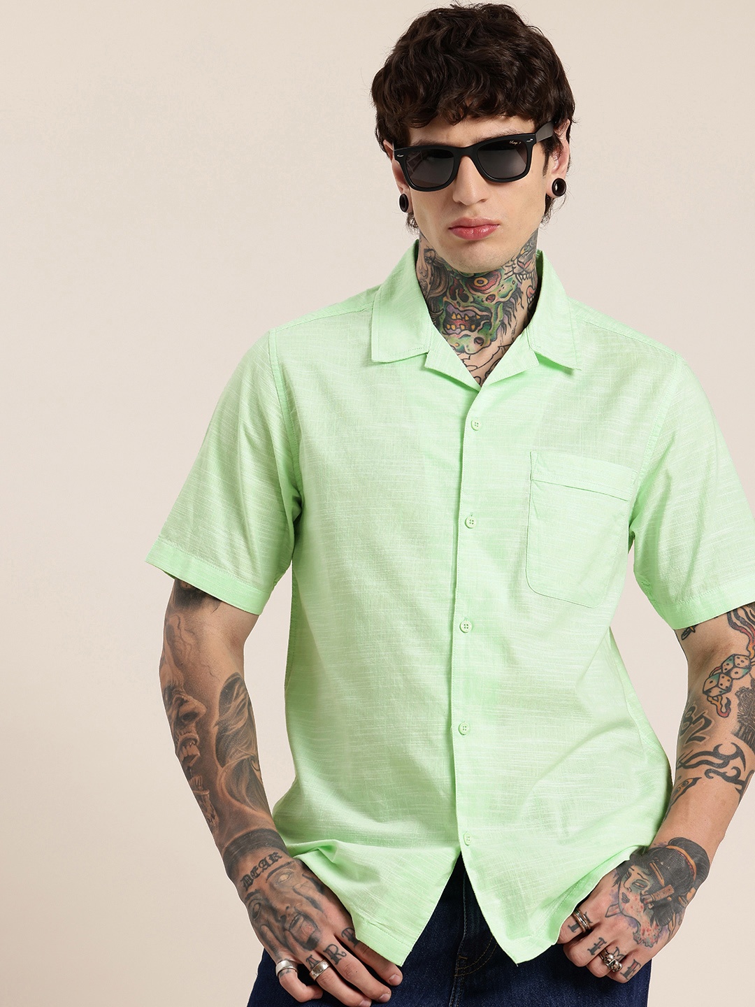 

HERE&NOW Pure Cotton Opaque Casual Shirt, Green