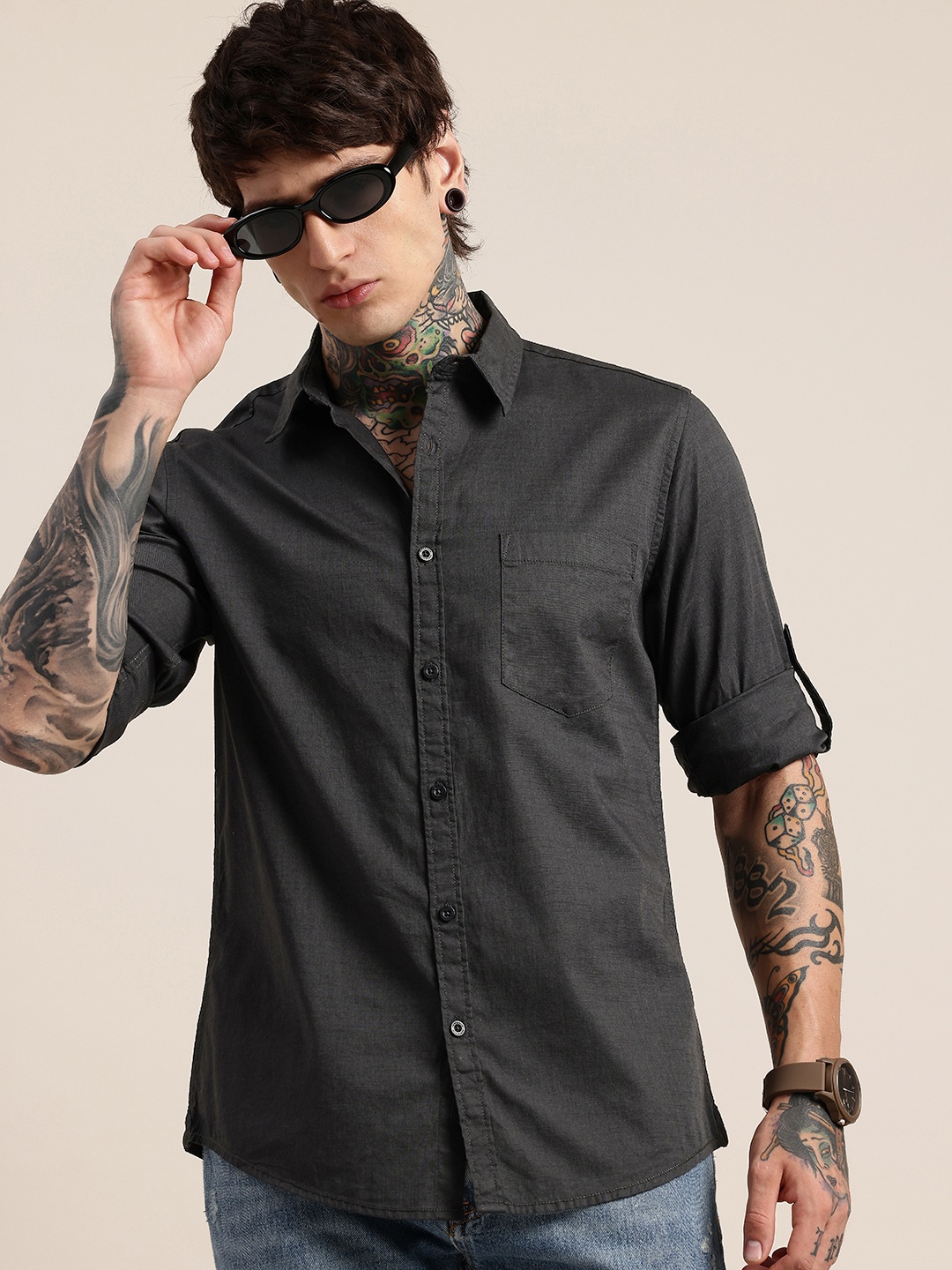 

HERE&NOW Pure Cotton Opaque Casual Shirt, Charcoal