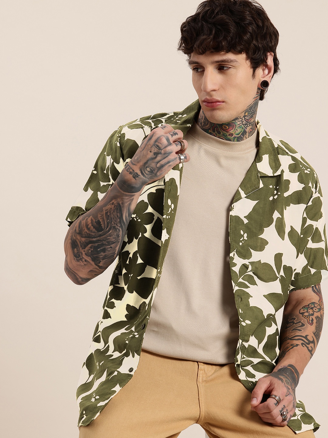

HERE&NOW Floral Printed Opaque Casual Shirt, Olive