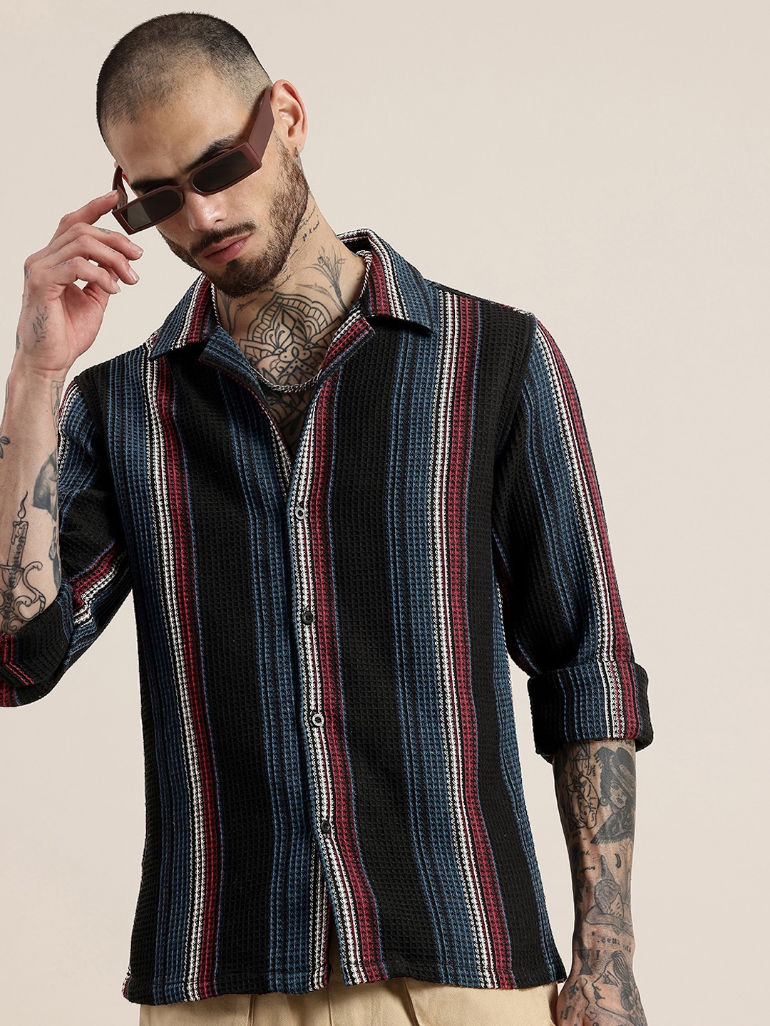 

HERE&NOW Opaque Striped Casual Shirt, Black