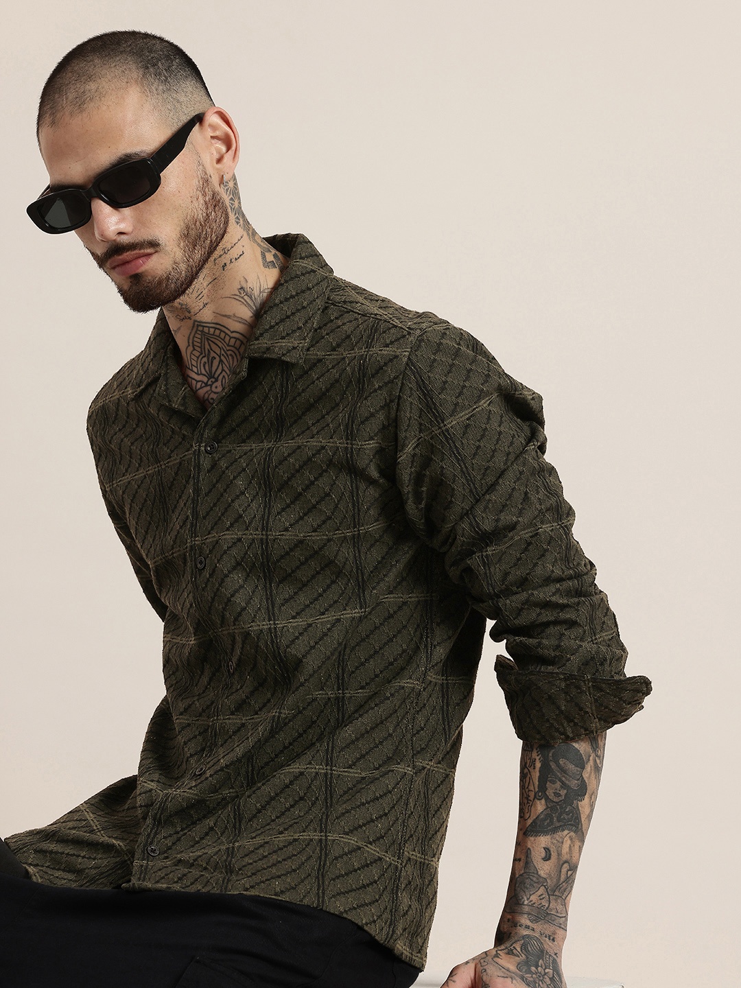 

HERE&NOW Opaque Checked Casual Shirt, Olive