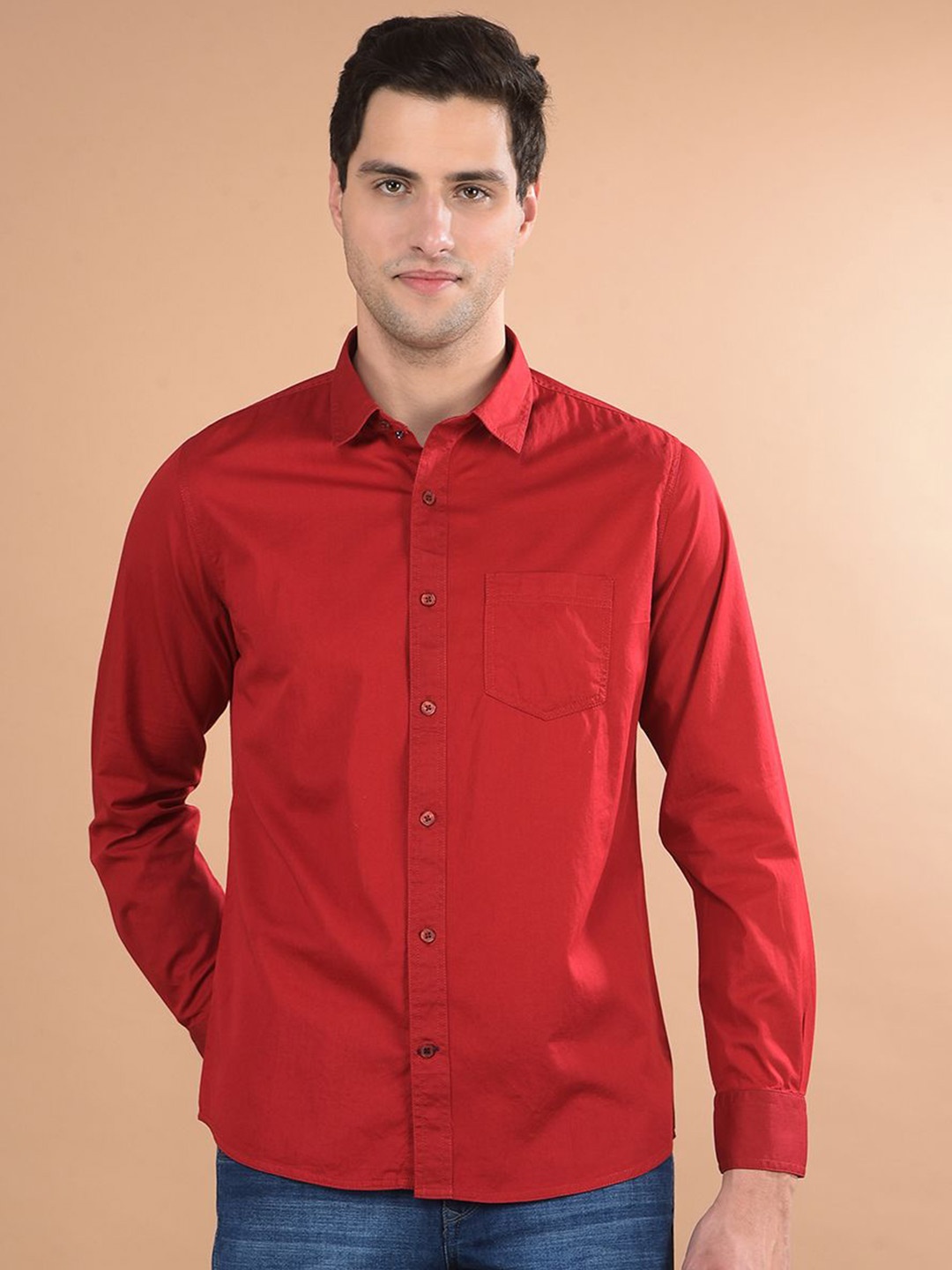 Canary London Men Smart Fit Spread Collar Solid Cotton Casual Shirt, Red