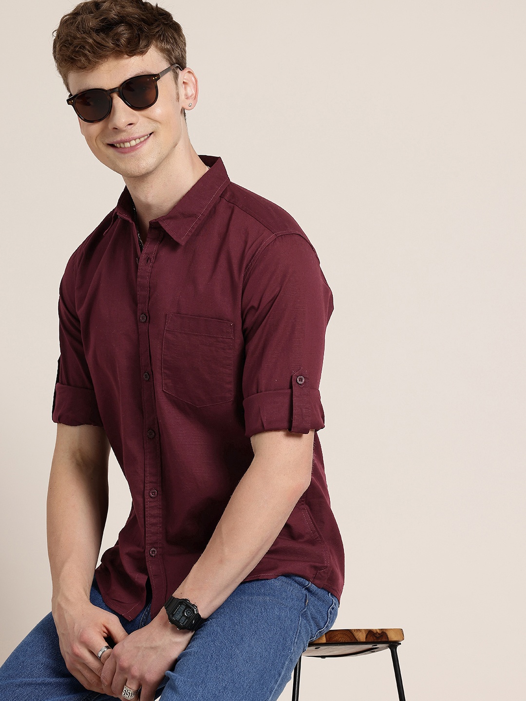 

HERE&NOW Opaque Pure Cotton Casual Shirt, Maroon