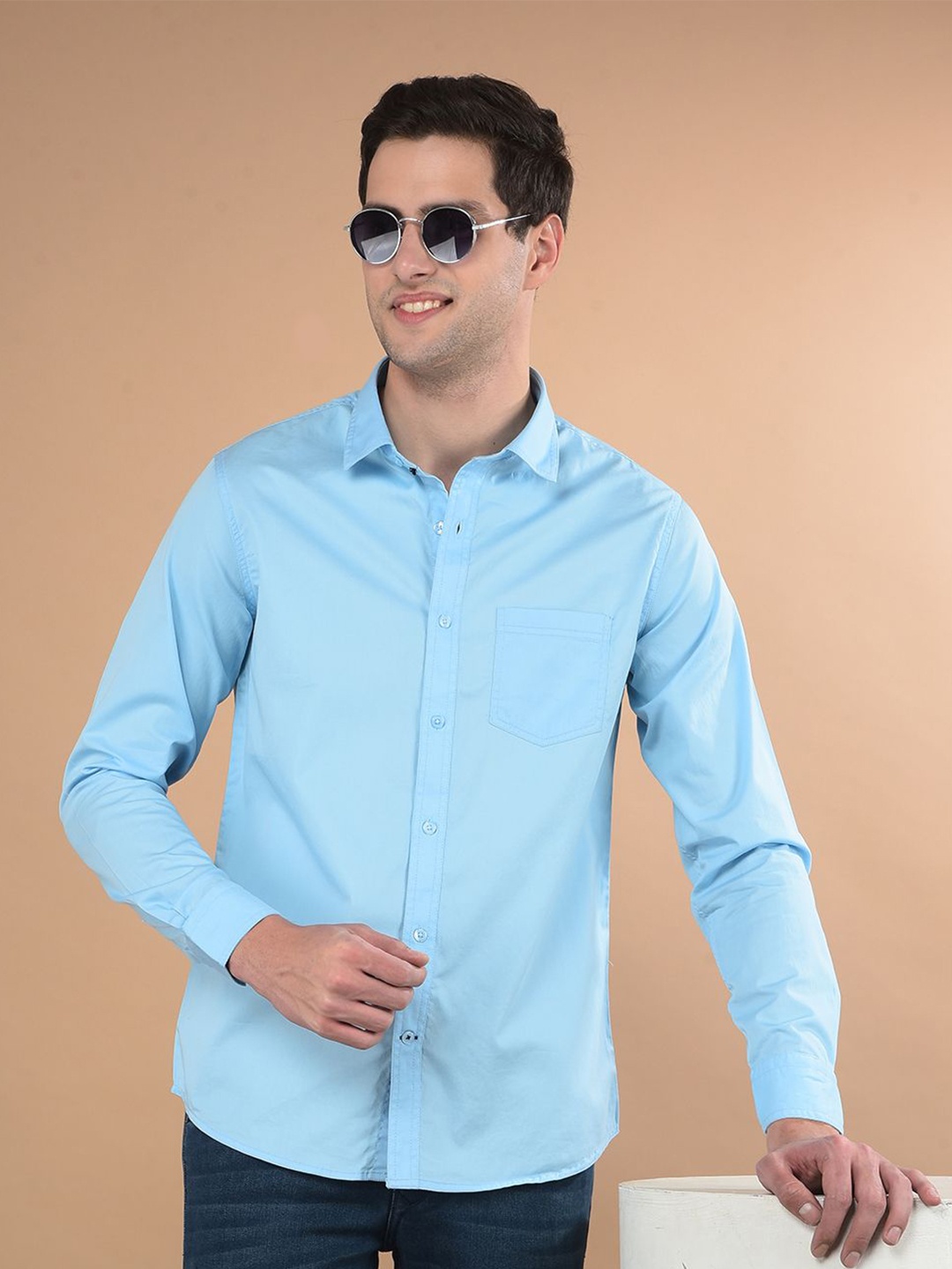 

Canary London Men Smart Spread Collar Solid Cotton Slim Fit Casual Shirt, Blue