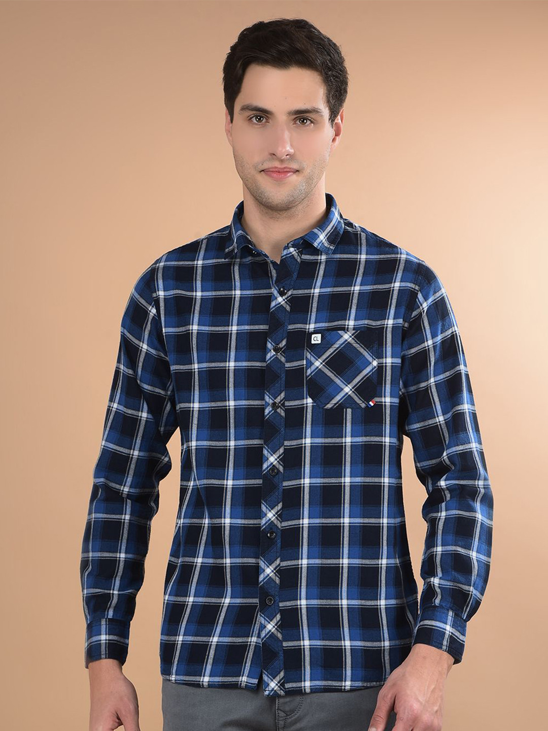 

Canary London Men Smart Spread Collar Tartan Checked Cotton Slim Fit Casual Shirt, Navy blue