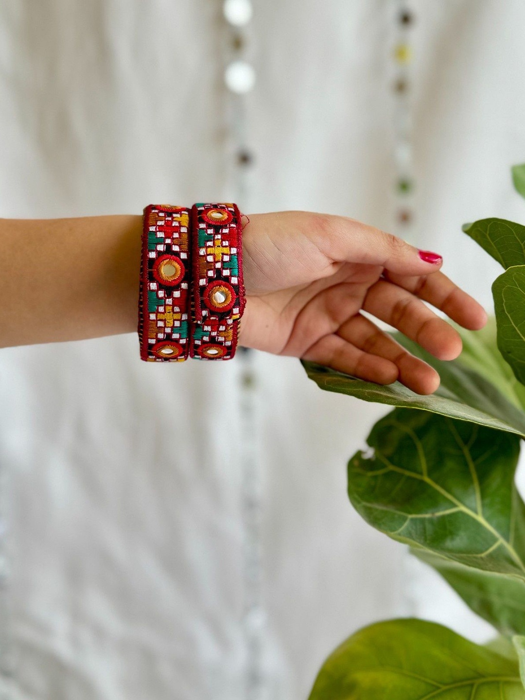 

Janpath Online Set Of 2 Mirror Embroidery Kada Bangles, Red