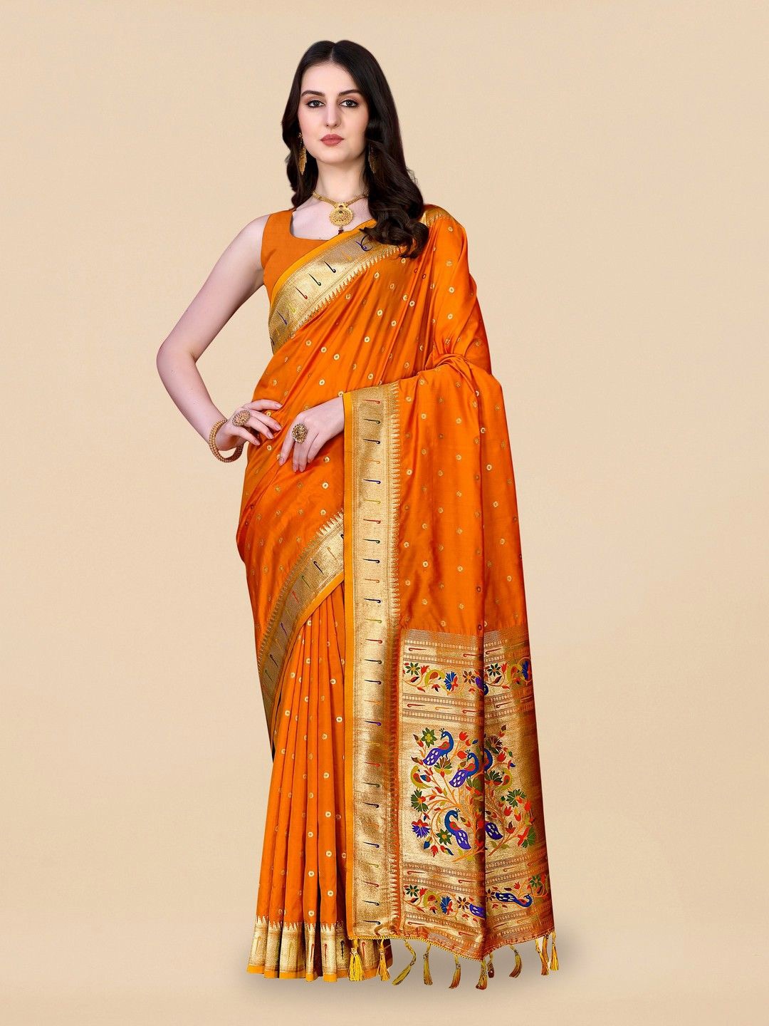 

VARNI FABRICS Woven Design Polka Dot Zari Pure Silk Banarasi Saree, Yellow