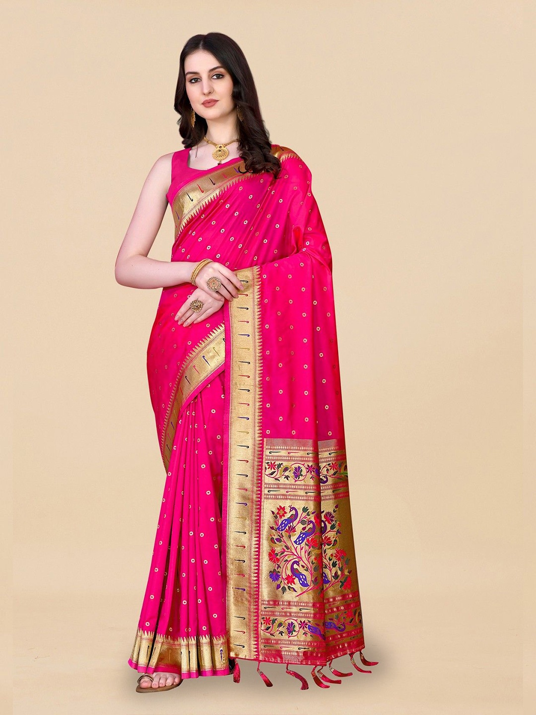 

VARNI FABRICS Ethnic Motifs Woven Design Zari Pure Silk Banarasi Saree, Pink