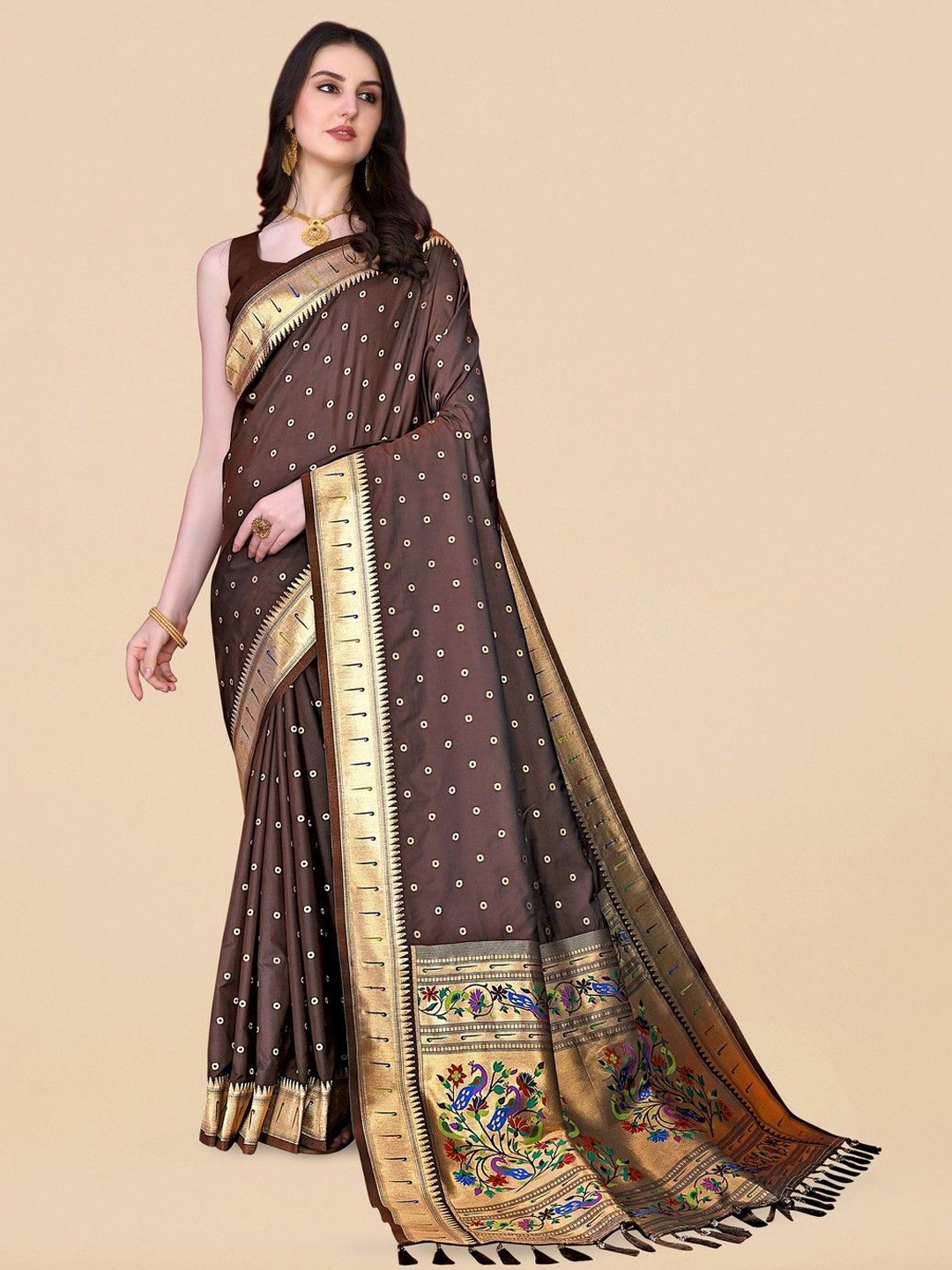 

VARNI FABRICS Woven Design Pure Silk Banarasi Saree, Brown