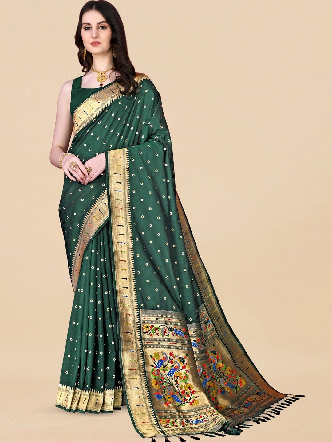 

VARNI FABRICS Woven Design Zari Pure Silk Banarasi Saree, Green