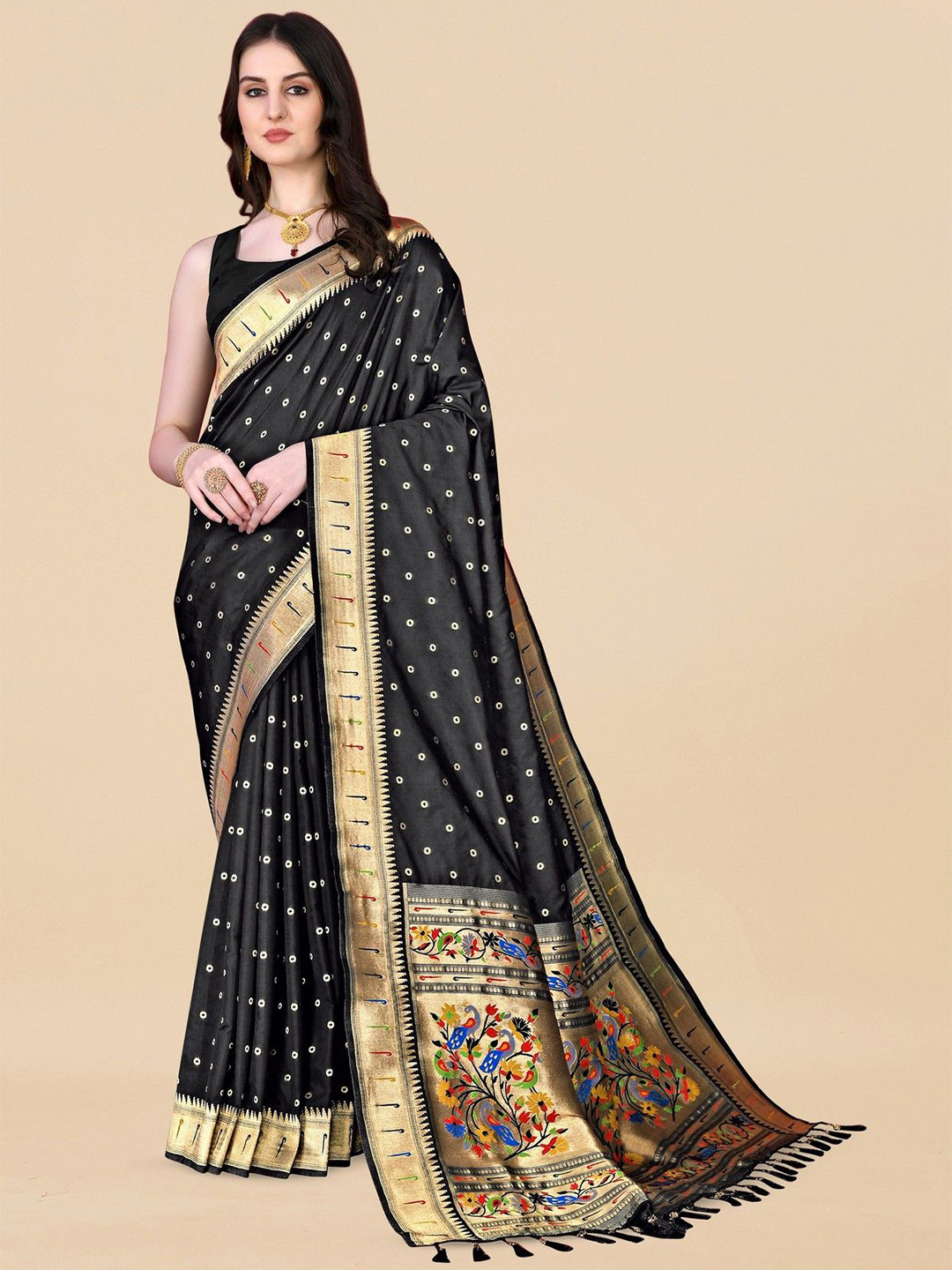 

VARNI FABRICS Ethnic Motifs Woven Design Zari Pure Silk Banarasi Saree, Black