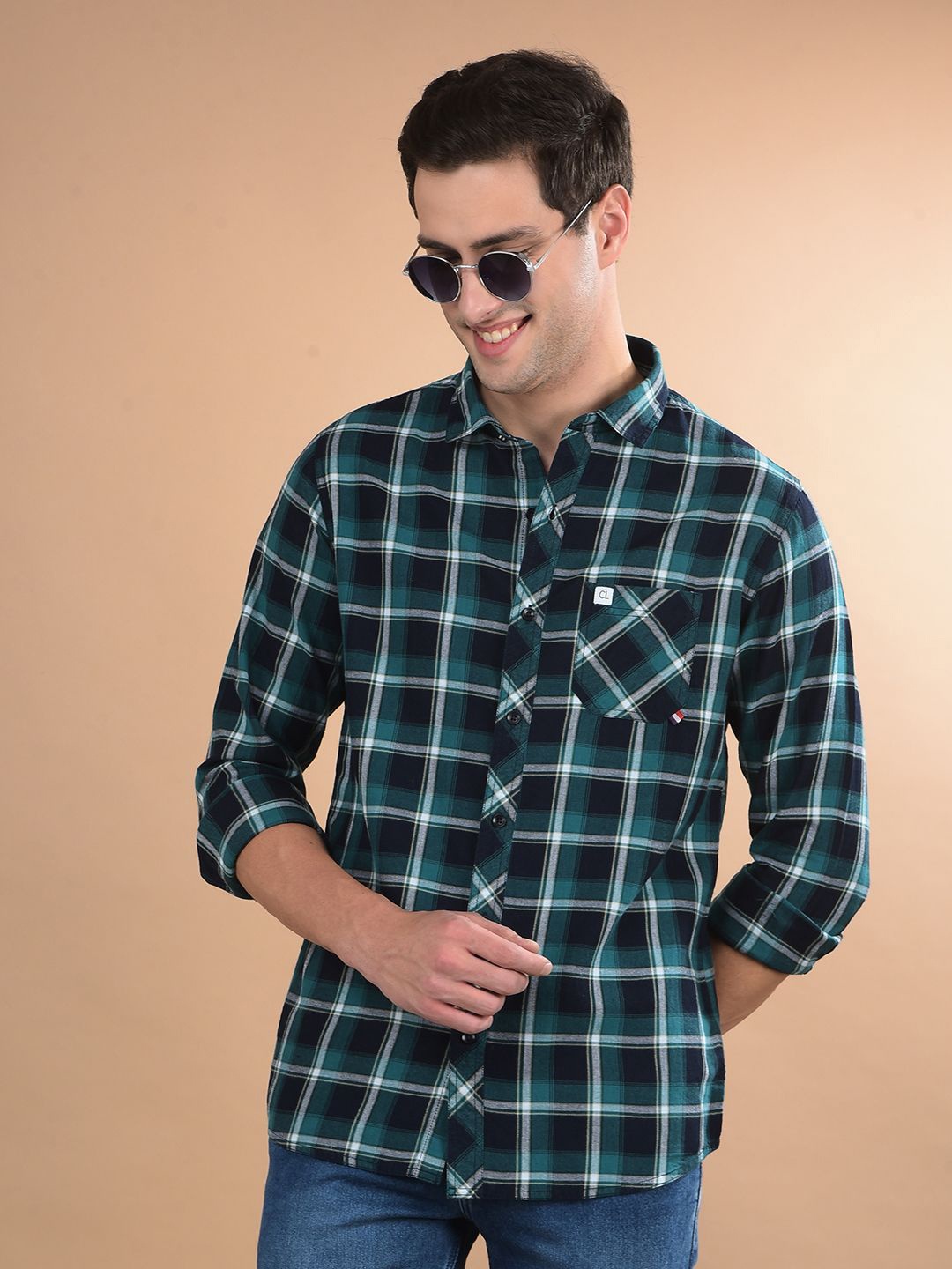 

Canary London Men Smart Spread Collar Tartan Checked Cotton Slim Fit Casual Shirt, Green