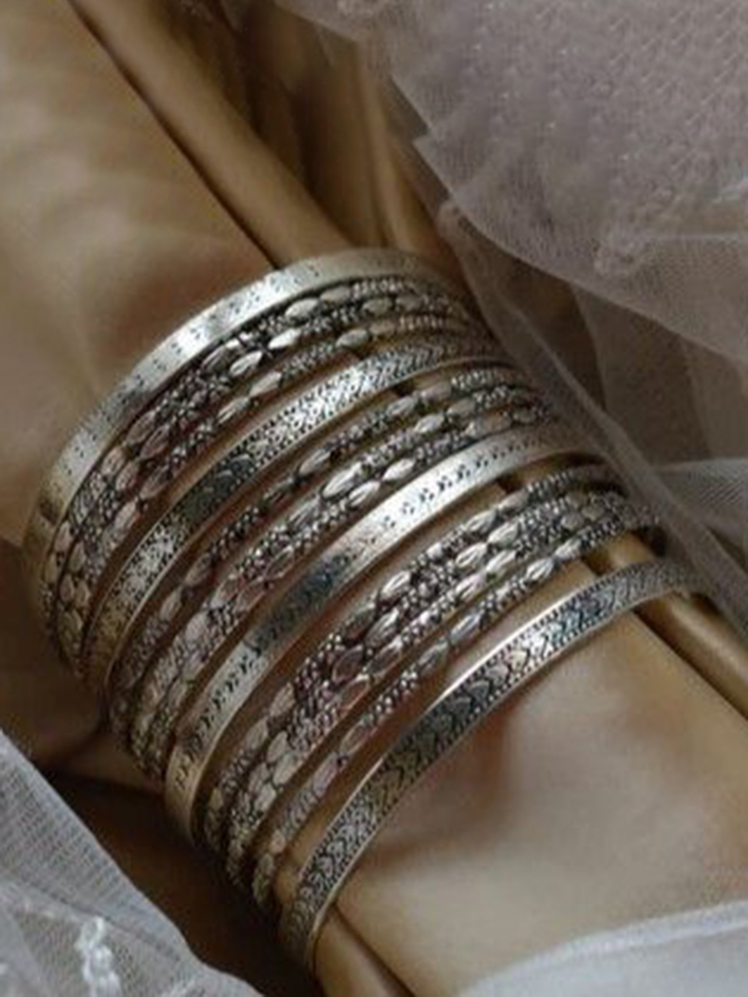 

Janpath Online Set of 14 Textured Bangles, Silver