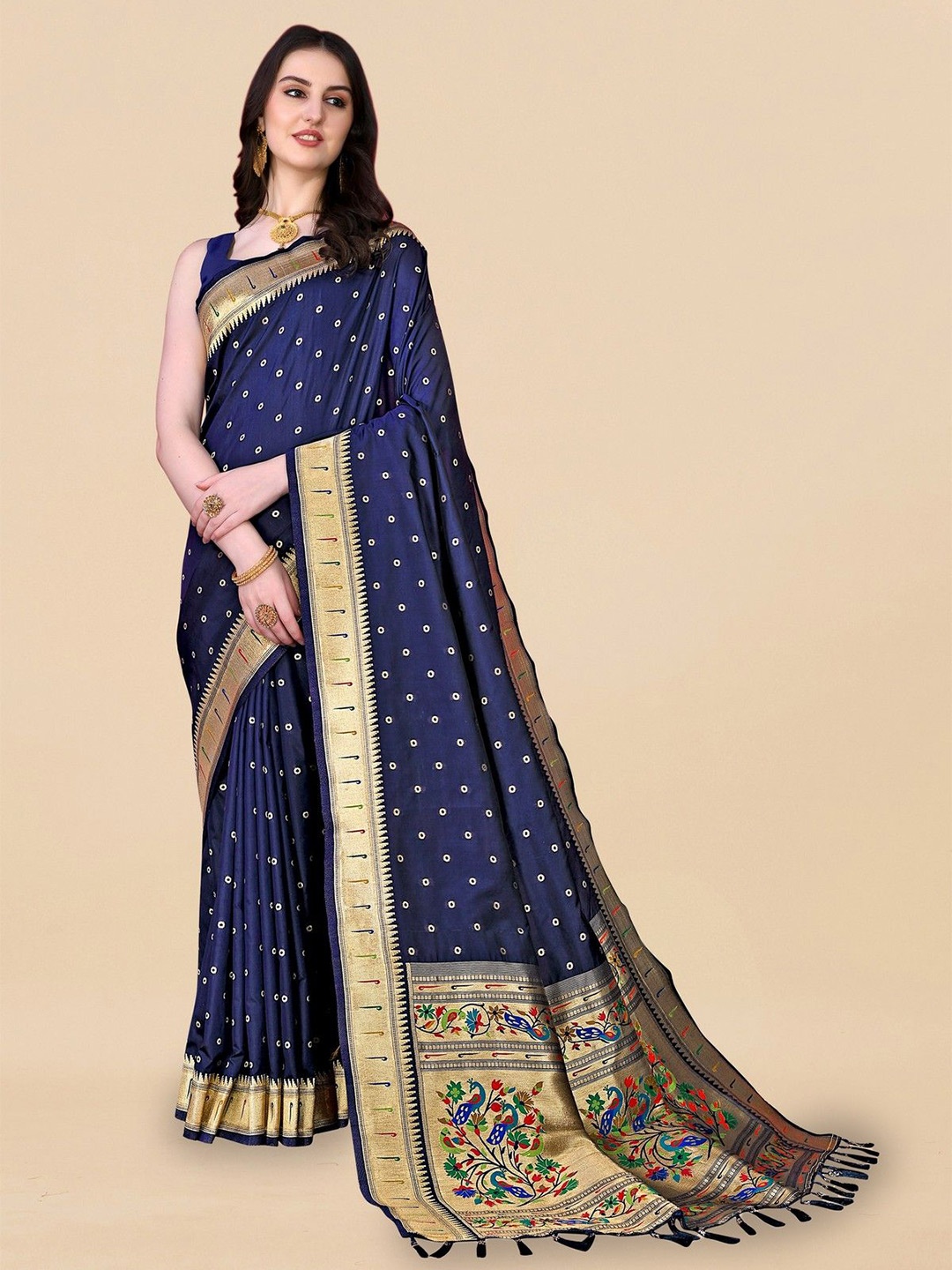 VARNI FABRICS Woven Design Zari Pure Silk Paithani Saree, Navy blue