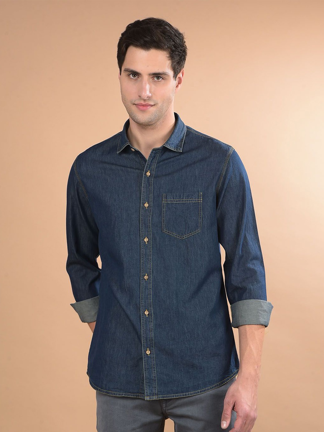 

Canary London Men Smart Spread Collar Solid Denim Slim Fit Casual Shirt, Navy blue