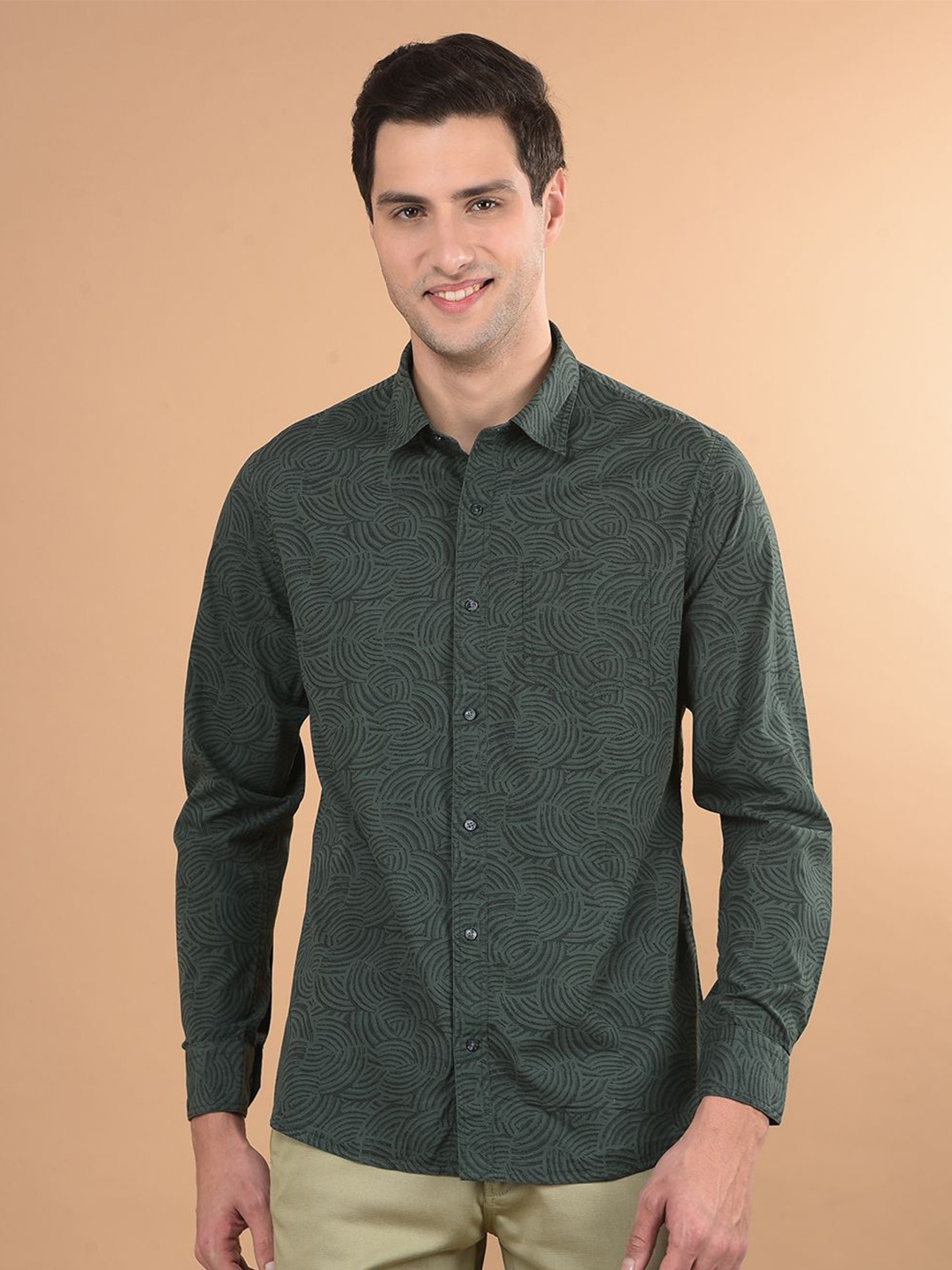 

Canary London Men Smart Spread Collar Abstract Printed Cotton Slim Fit Casual Shirt, Green
