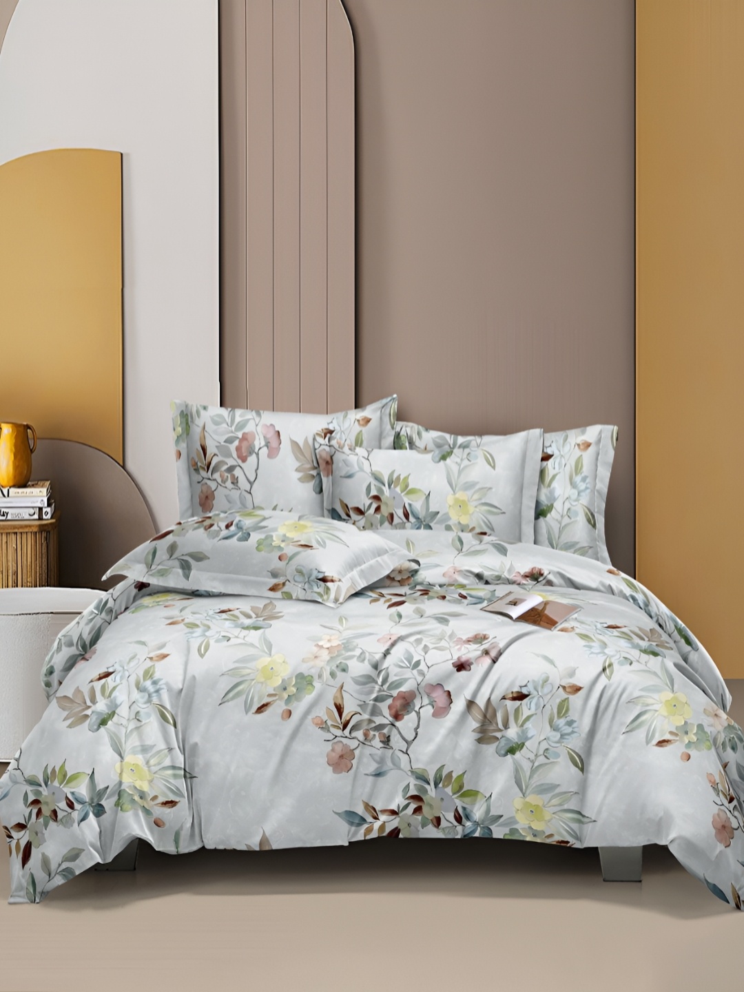 

MORADO Grey & Yellow Floral Printed Cotton Duvet Cover