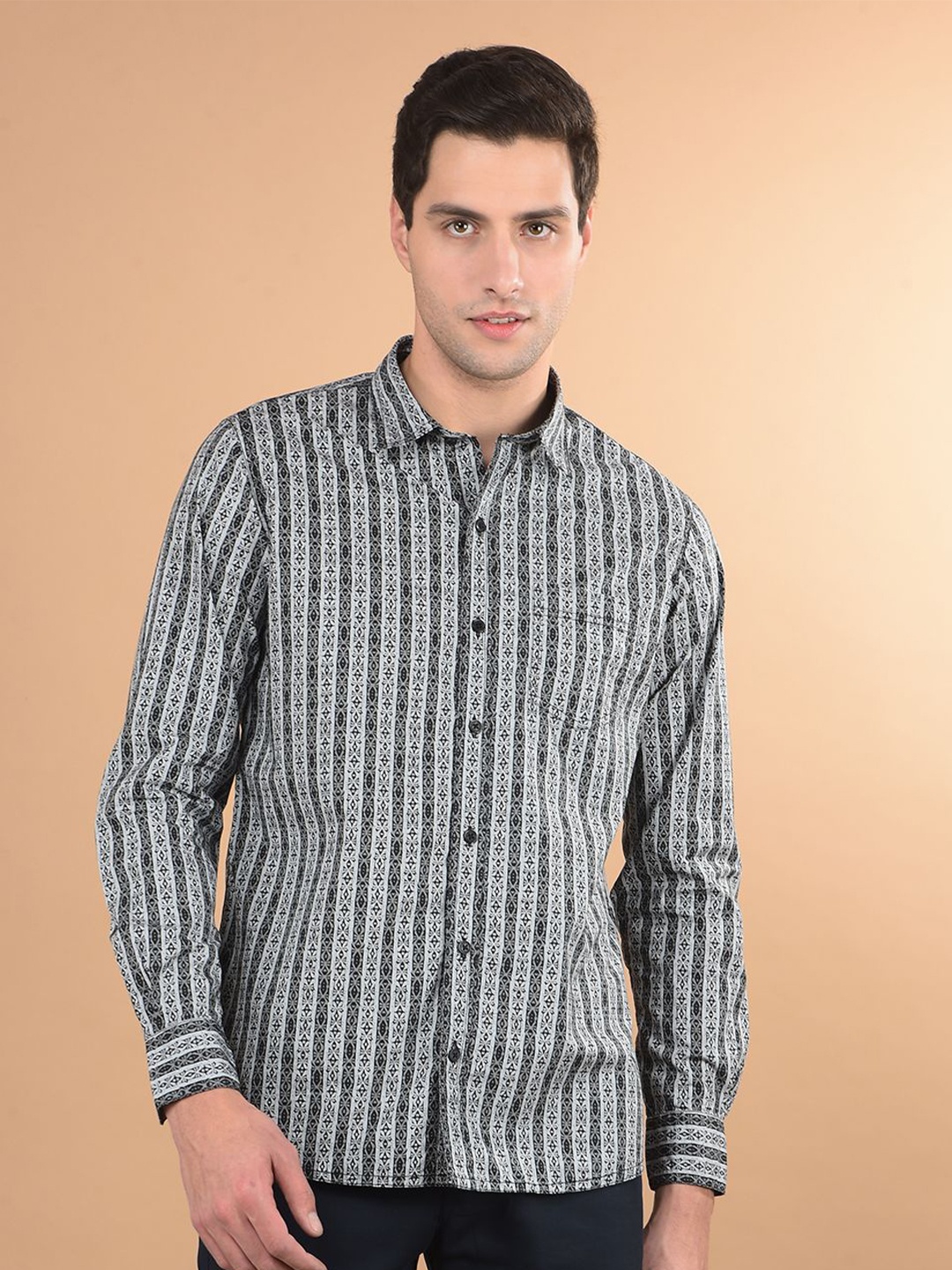 Canary London Men Smart Spread Collar Ethnic Motifs Printed Cotton Slim Fit Casual Shirt, Grey