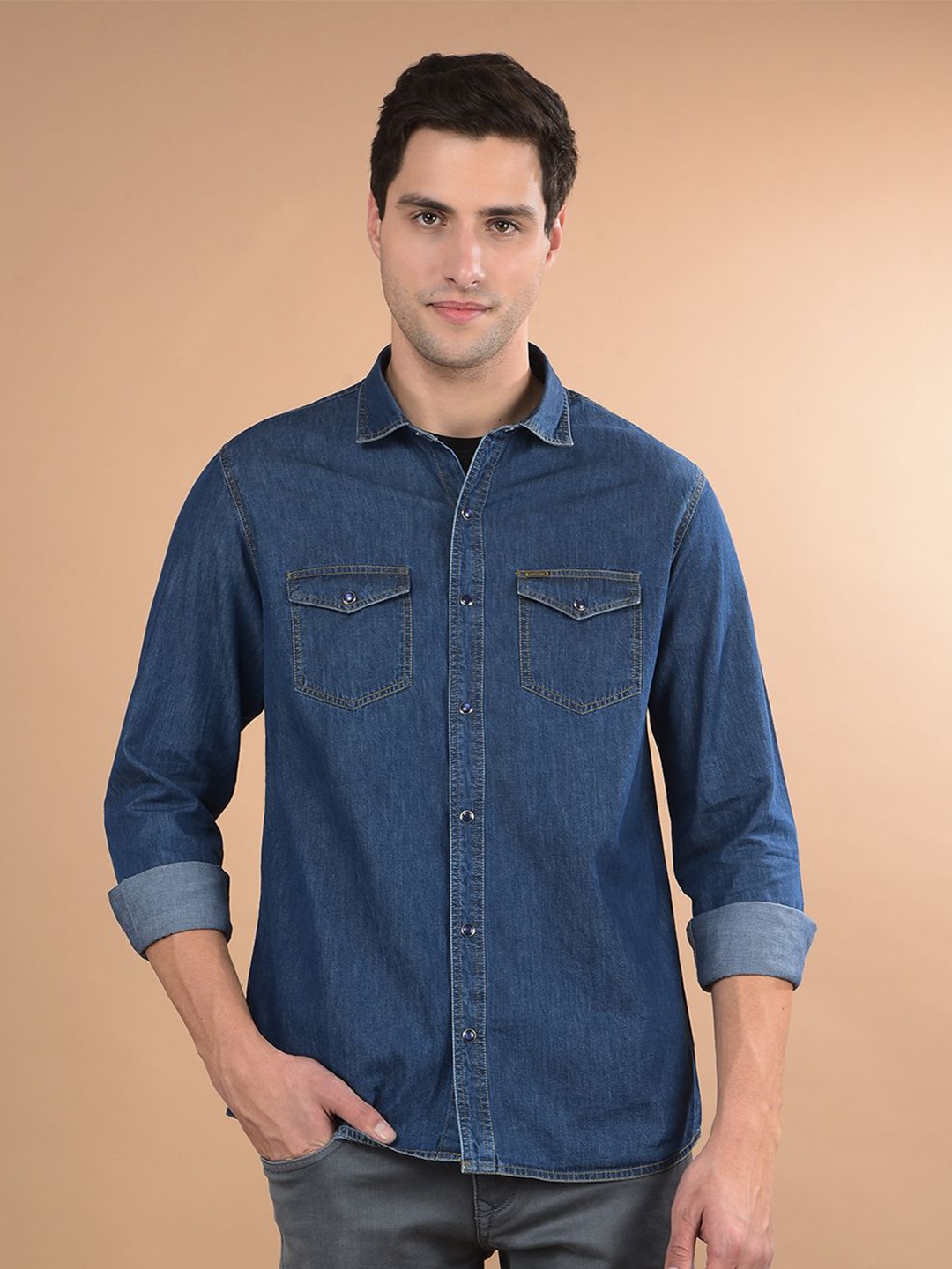 Canary London Men Smart Fit Spread Collar Solid Denim Casual Shirt, Navy blue