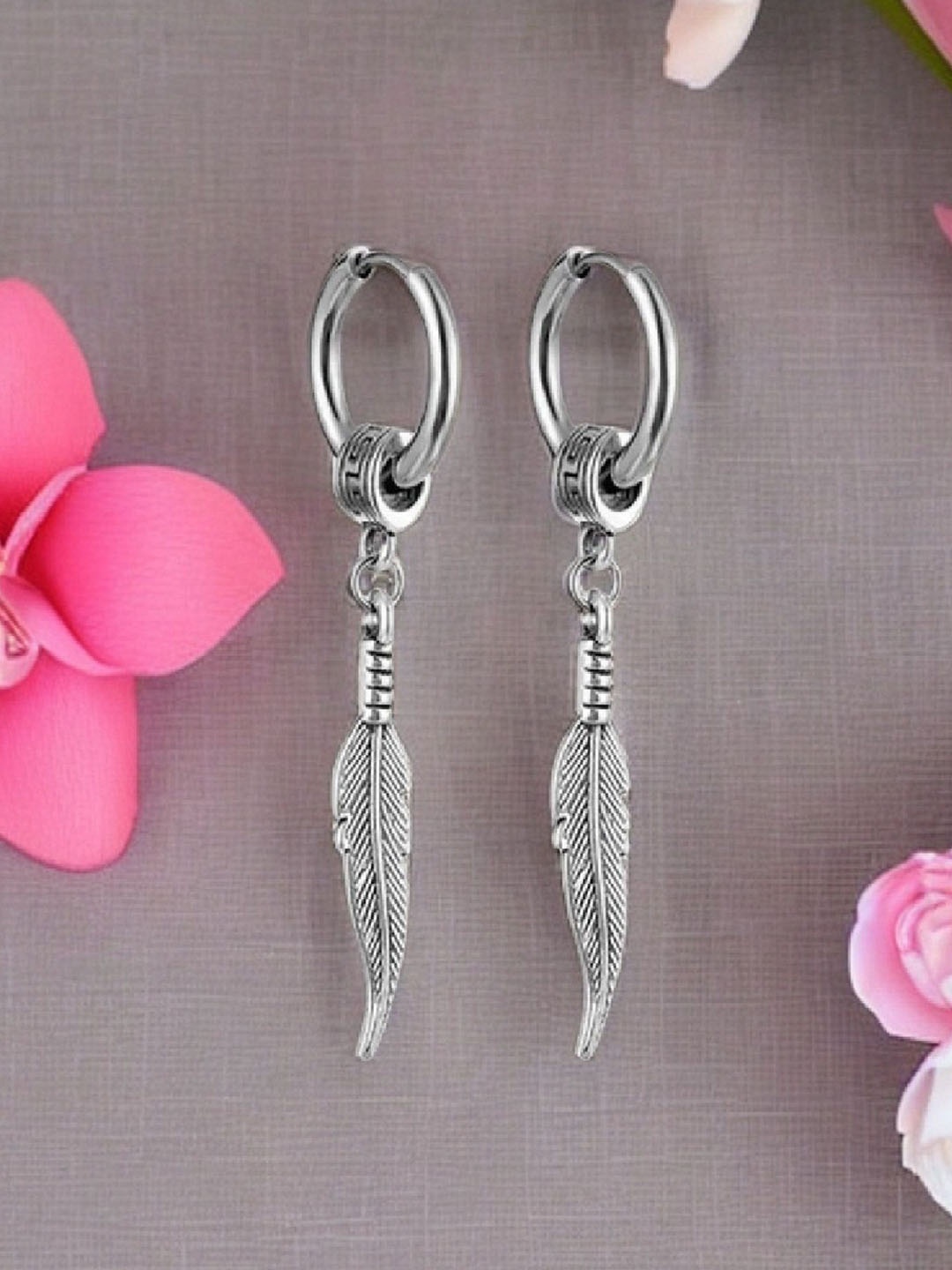 

RUHI COLLECTION Silver Plated Feather Shaped Hoop Earrings