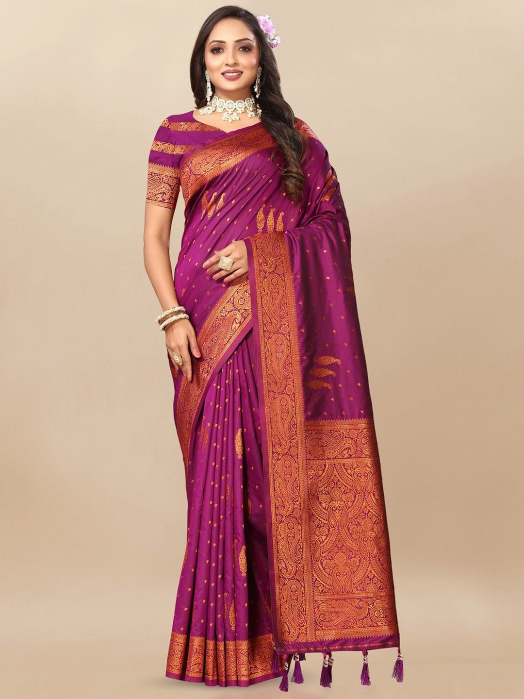 

VARNI FABRICS Ethnic Motifs Woven Design Zari Pure Silk Banarasi Saree, Pink