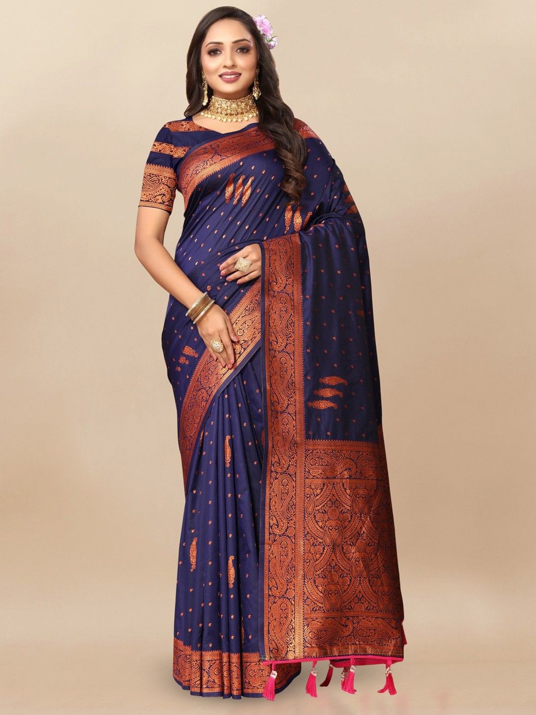 VARNI FABRICS Woven Design Zari Pure Silk Banarasi Saree, Navy blue