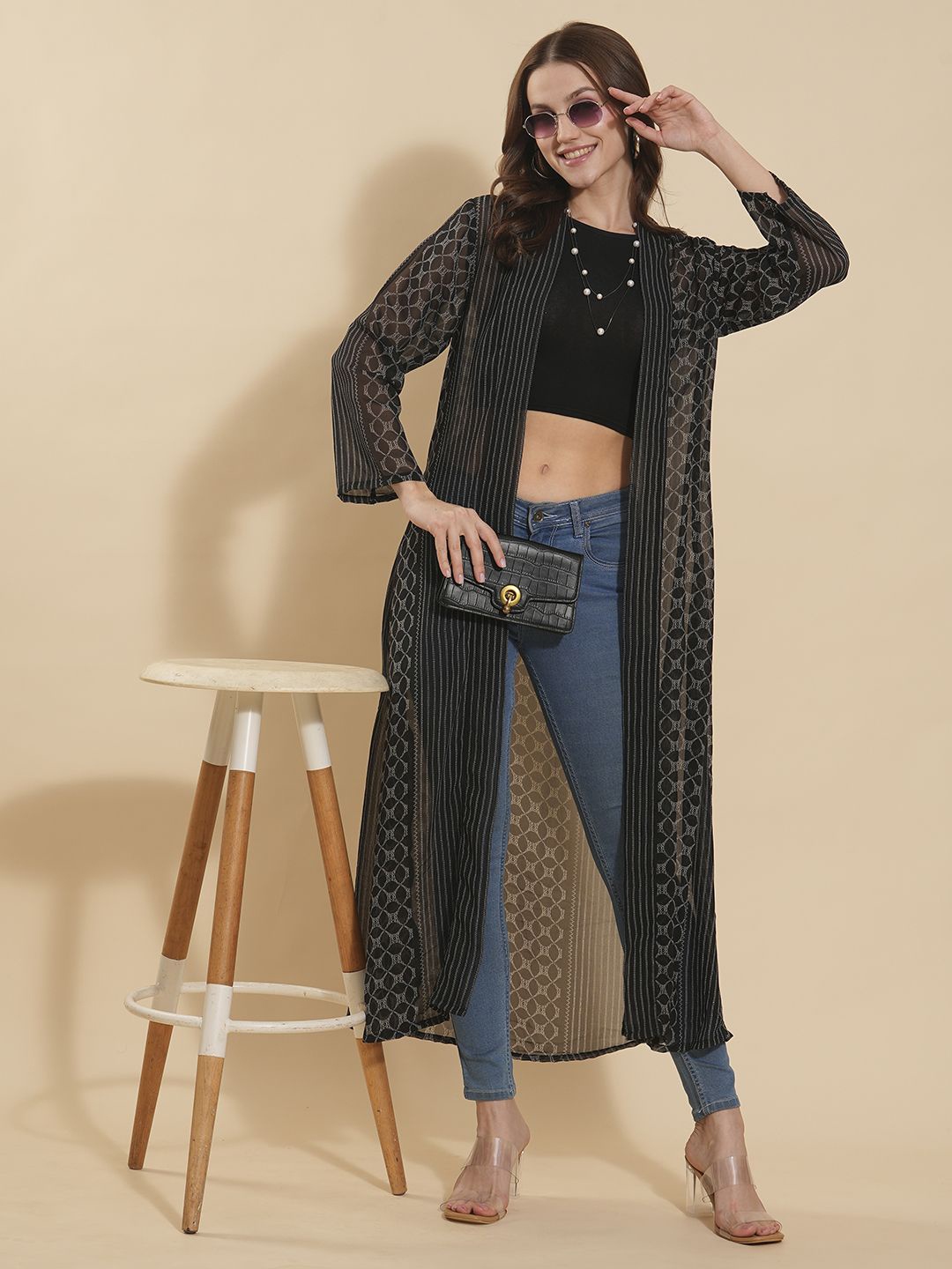 

Murcia Printed Longline Open Front Shrug, Black