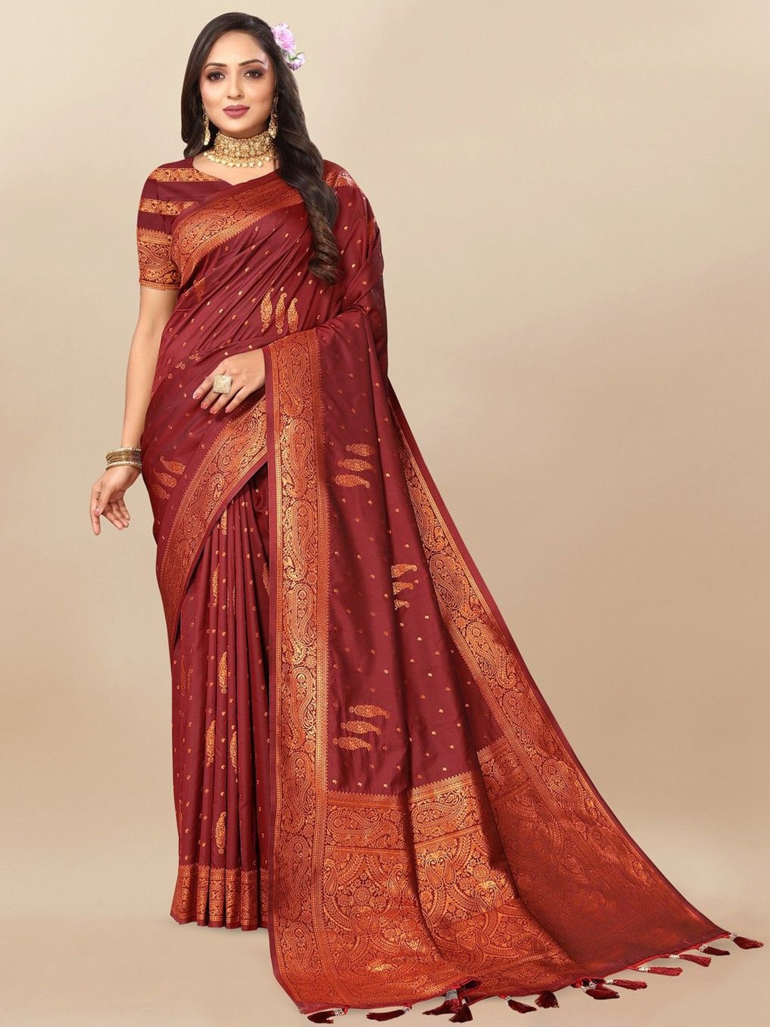 

VARNI FABRICS Woven Design Zari Pure Silk Banarasi Saree, Maroon