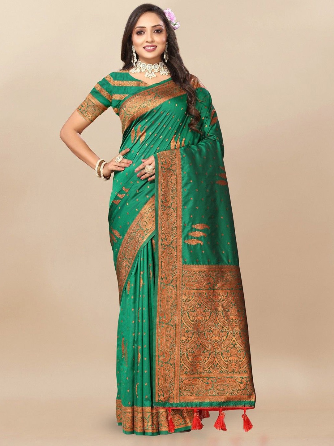 

VARNI FABRICS Woven Design Zari Pure Silk Banarasi Saree, Green