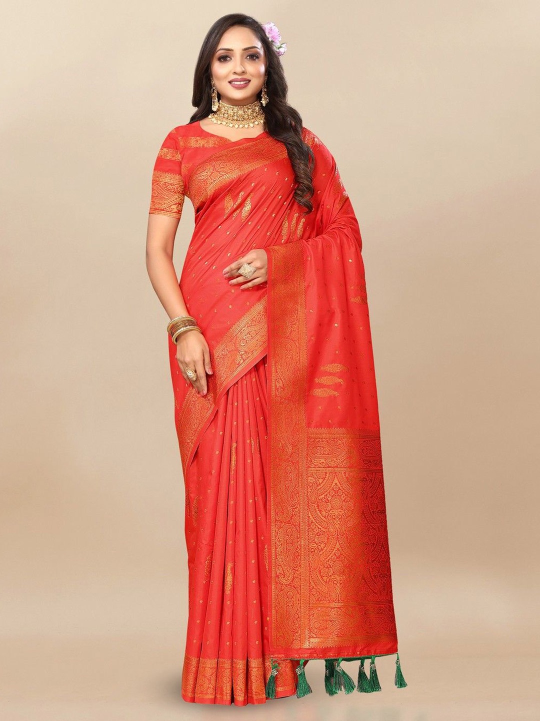 

VARNI FABRICS Woven Design Zari Pure Silk Banarasi Saree, Red