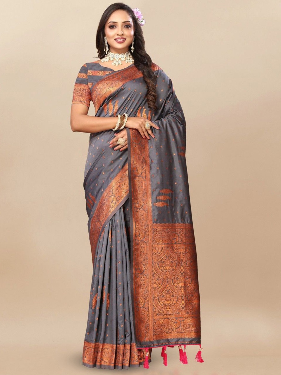 

VARNI FABRICS Woven Design Zari Pure Silk Banarasi Saree, Grey