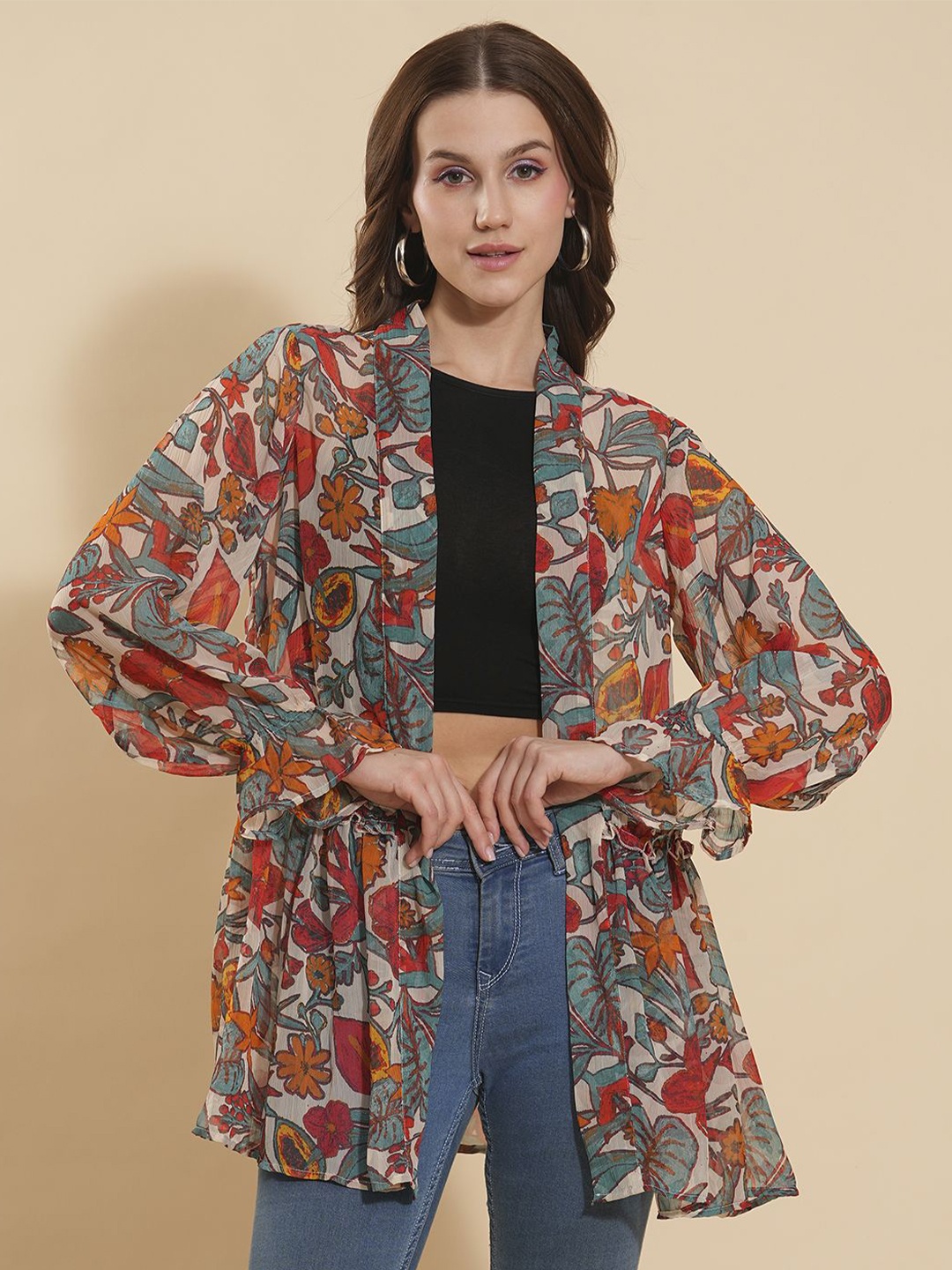 

Murcia Floral Printed Open Front Shrug With Waist Frill Detail, Brown